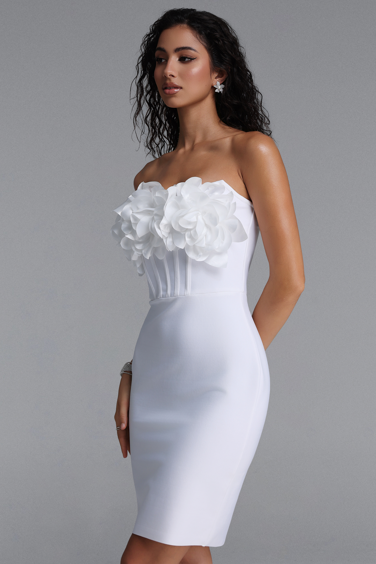 Yuio Elegant Floral Strapless Bandage Bodycon Mini Dress