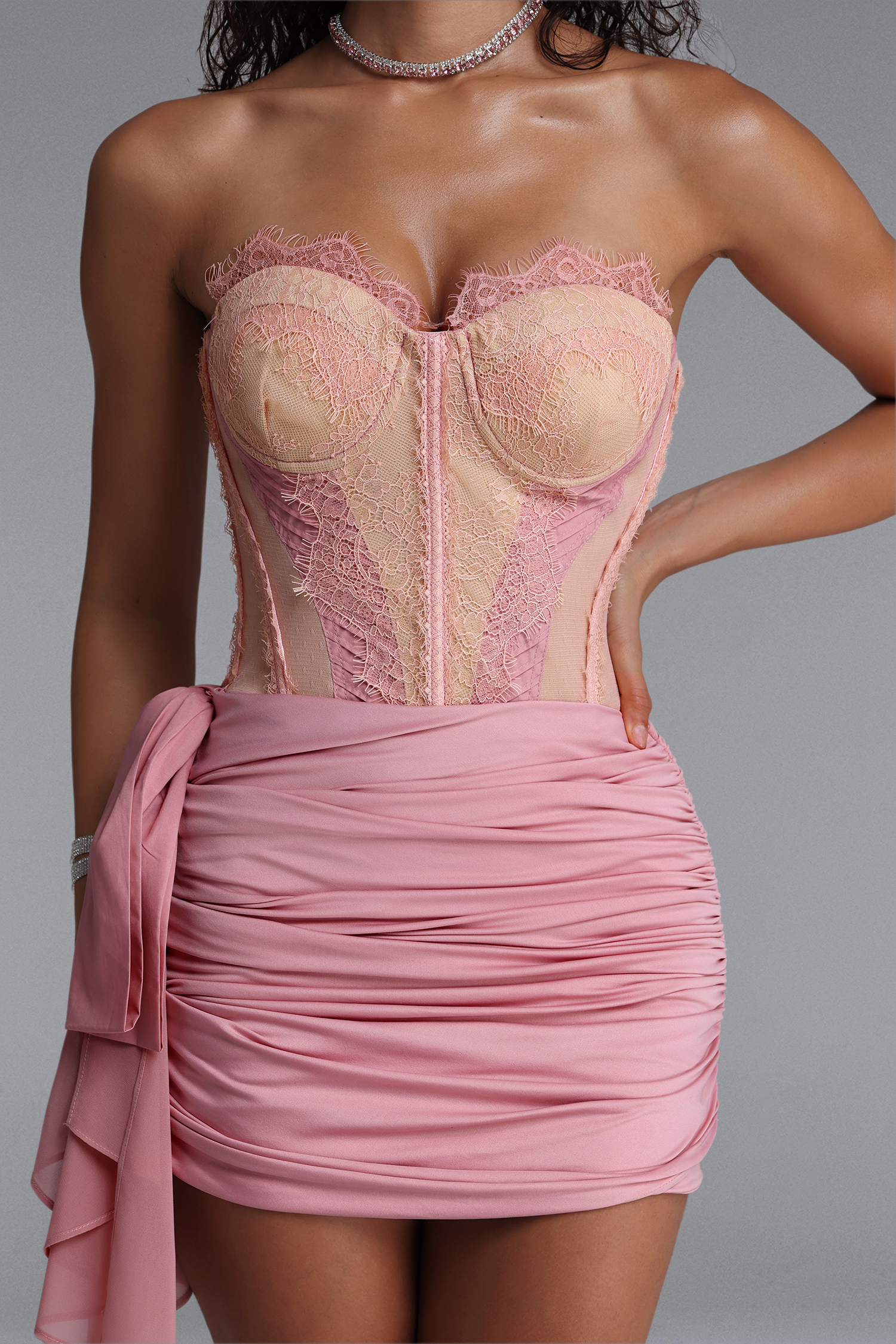 Salina Sweet Strapless Lace Bow Mini Dress