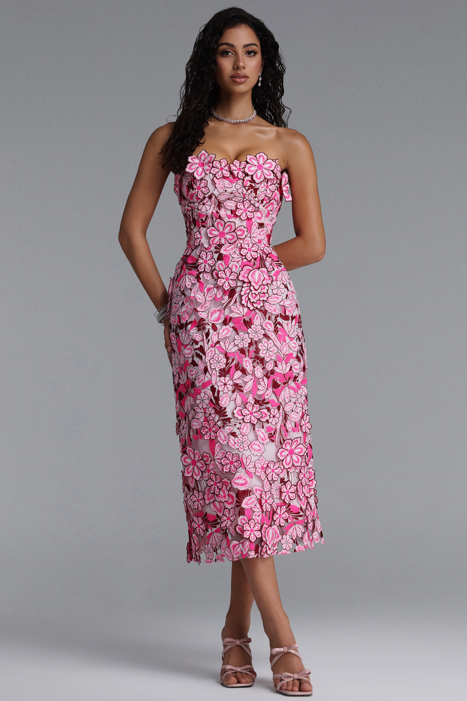 Noma Elegant Floral Strapless Slim Midi Dress