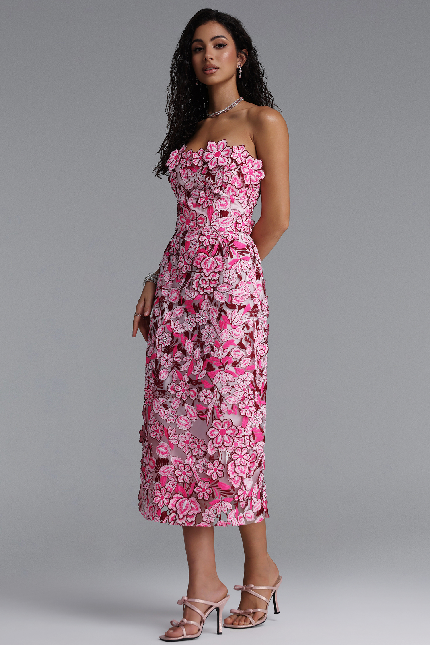 Noma Elegant Floral Strapless Slim Midi Dress