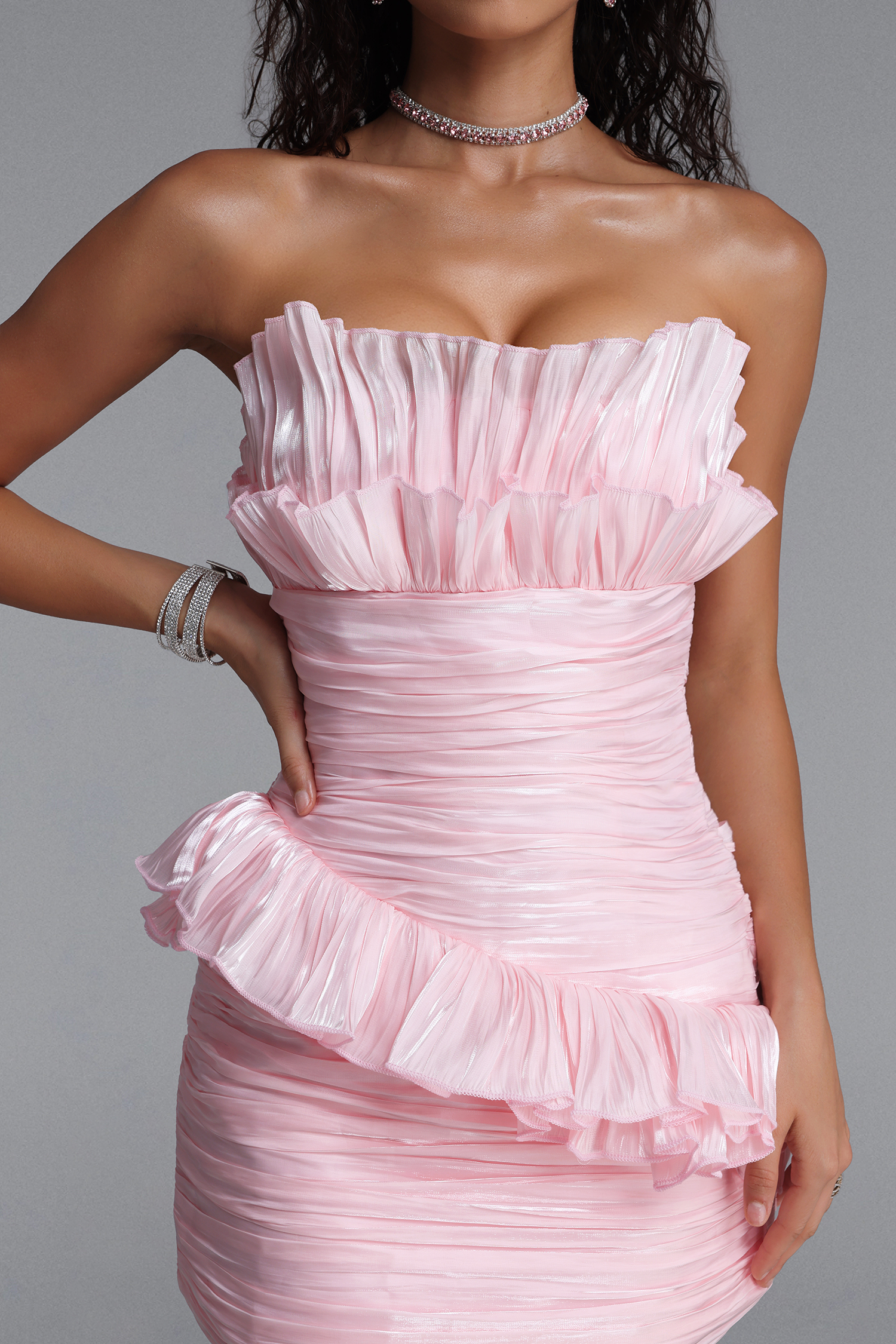 Rimo Chic Strapless Draped Ruffle Satin Mini Dress