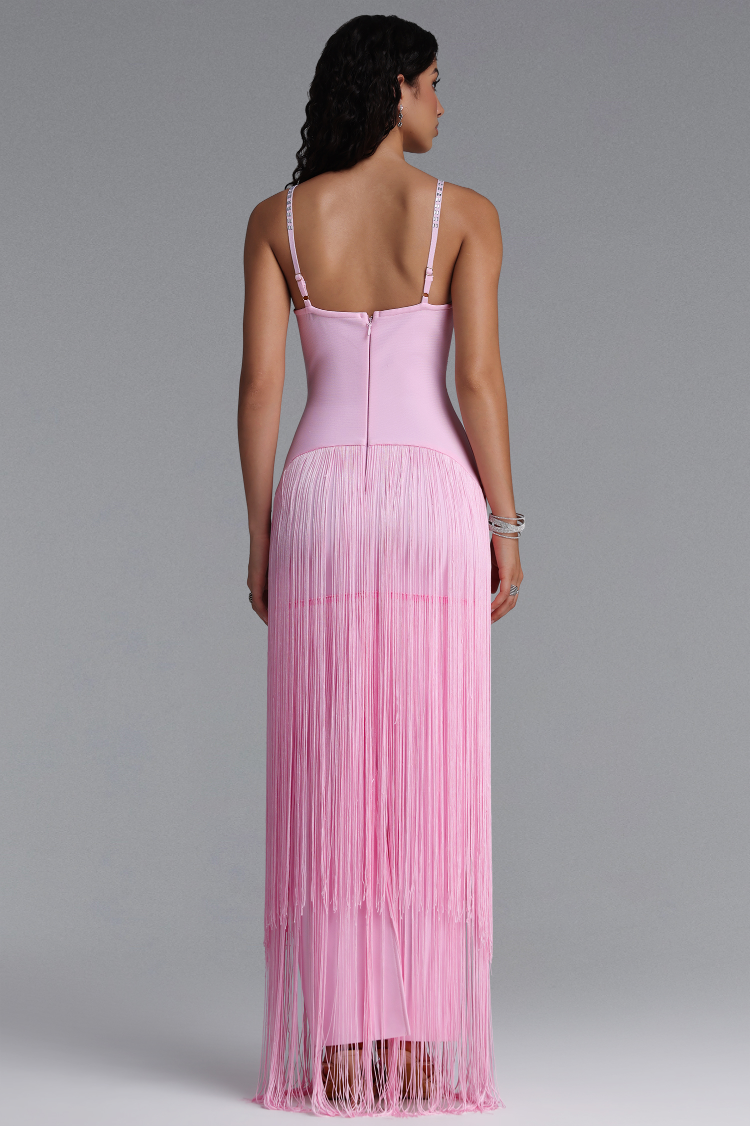 Kandiss Elegant Contour Strap Floral Rhinestone Fringe Pink Bandage Maxi Dress