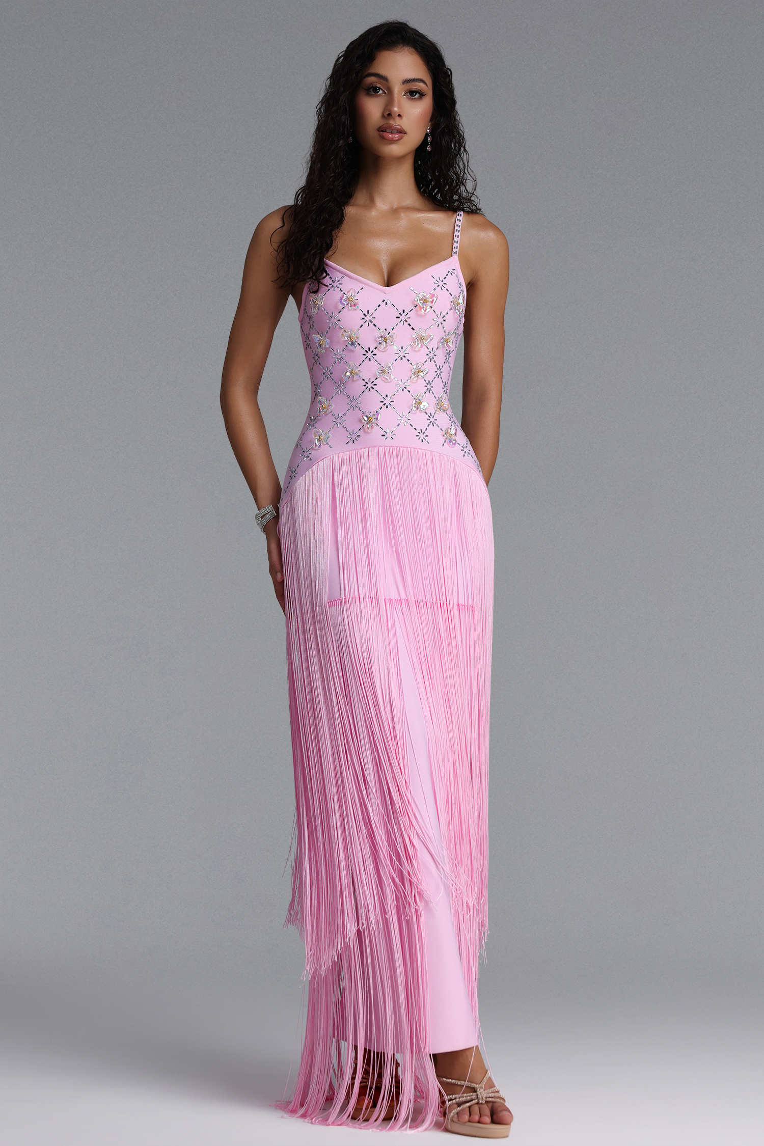 Kandiss Elegant Contour Strap Floral Rhinestone Fringe Pink