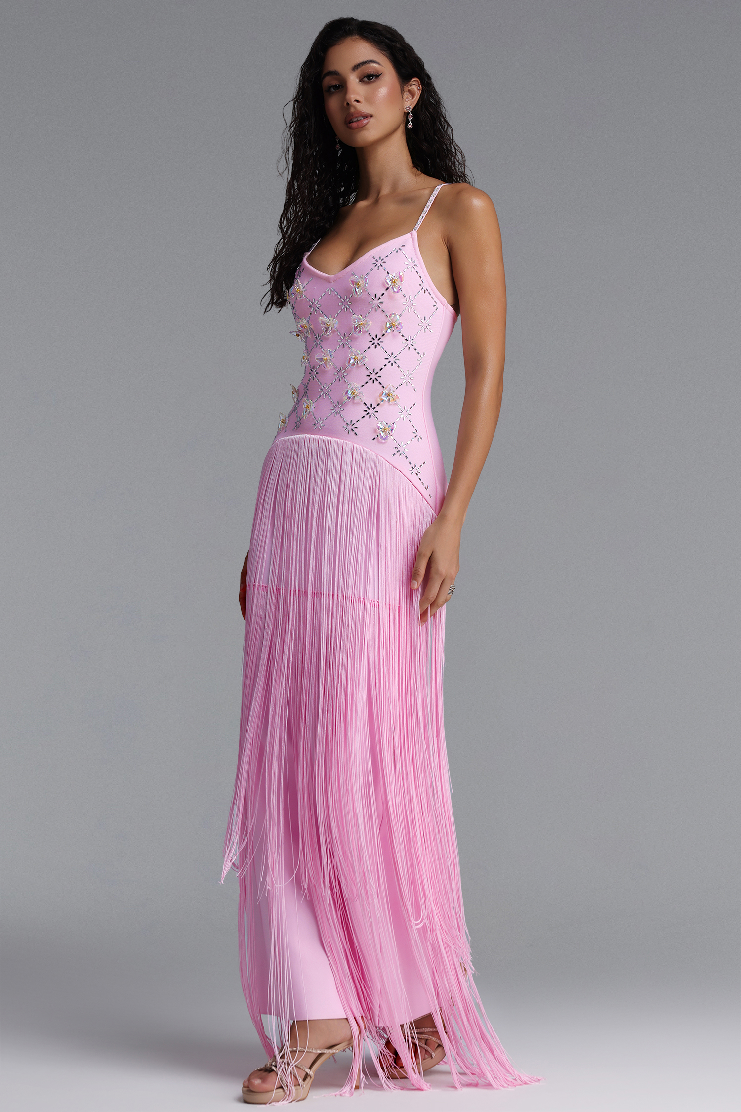 Kandiss Elegant Contour Strap Floral Rhinestone Fringe Pink Bandage Maxi Dress