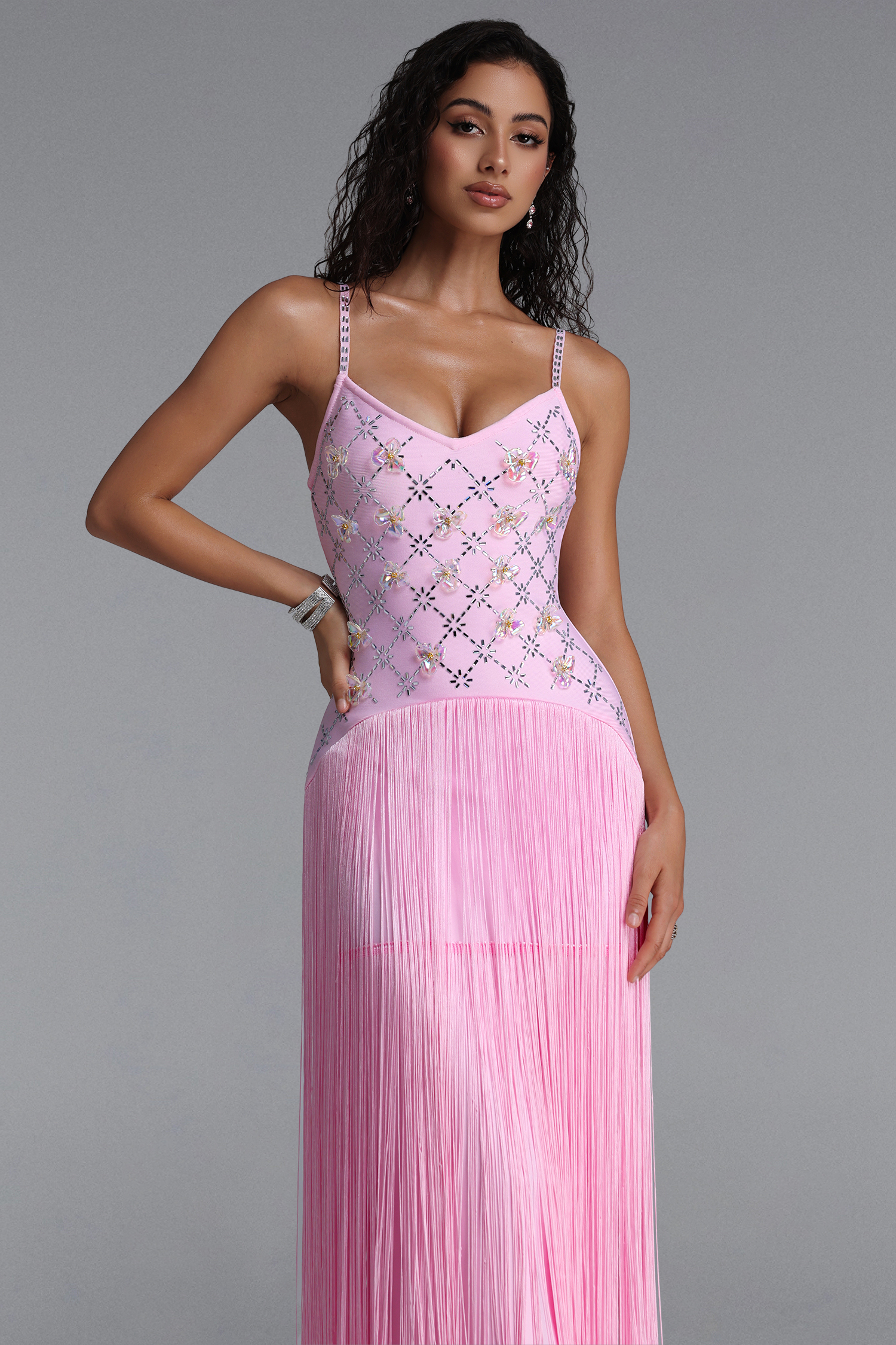 Kandiss Elegant Contour Strap Floral Rhinestone Fringe Pink Bandage Maxi Dress