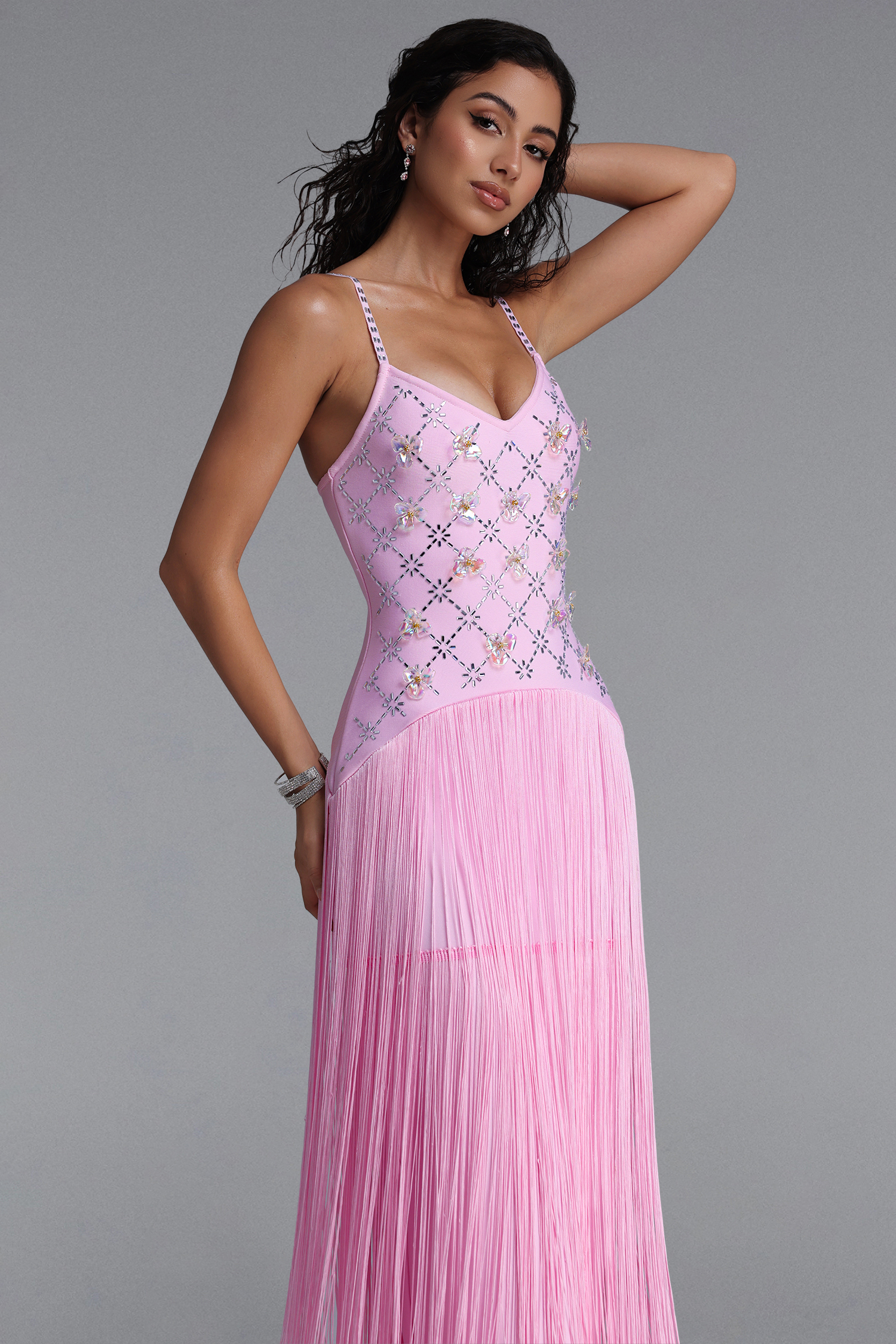 Kandiss Elegant Contour Strap Floral Rhinestone Fringe Pink Bandage Maxi Dress