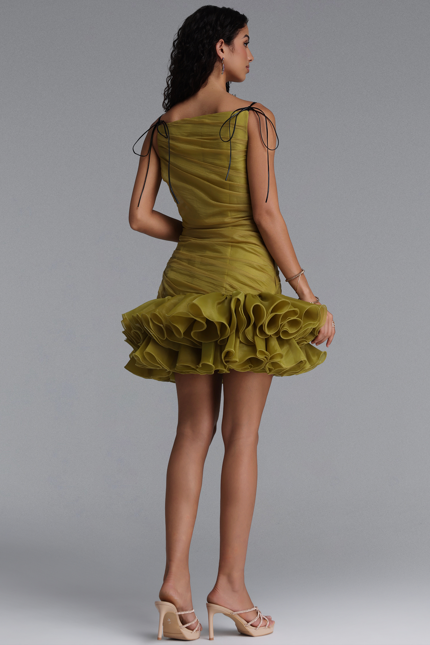 Doe Chic Flowy Ruched Tiered Ruffle Mini Dress