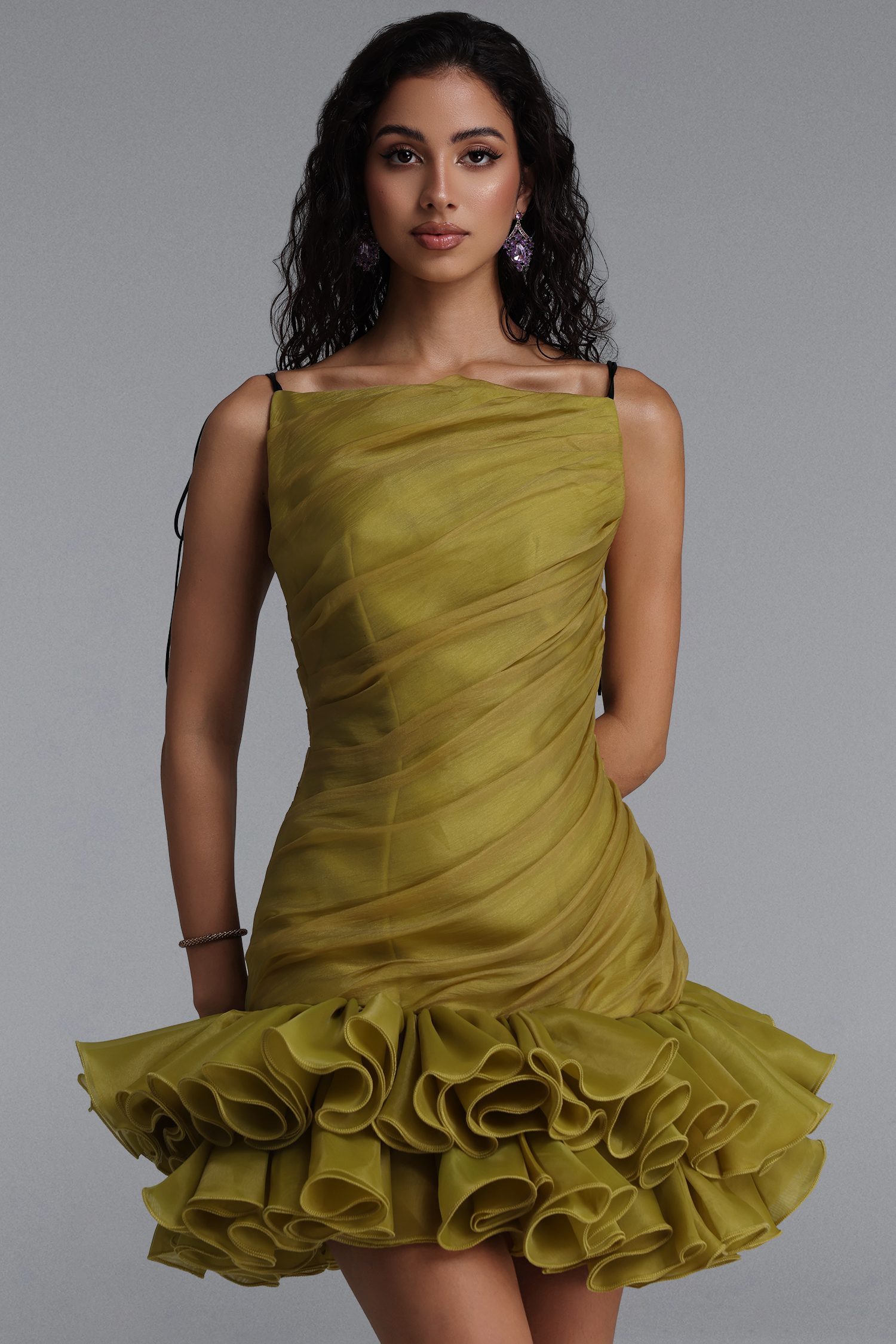 Doe Chic Flowy Ruched Tiered Ruffle Mini Dress