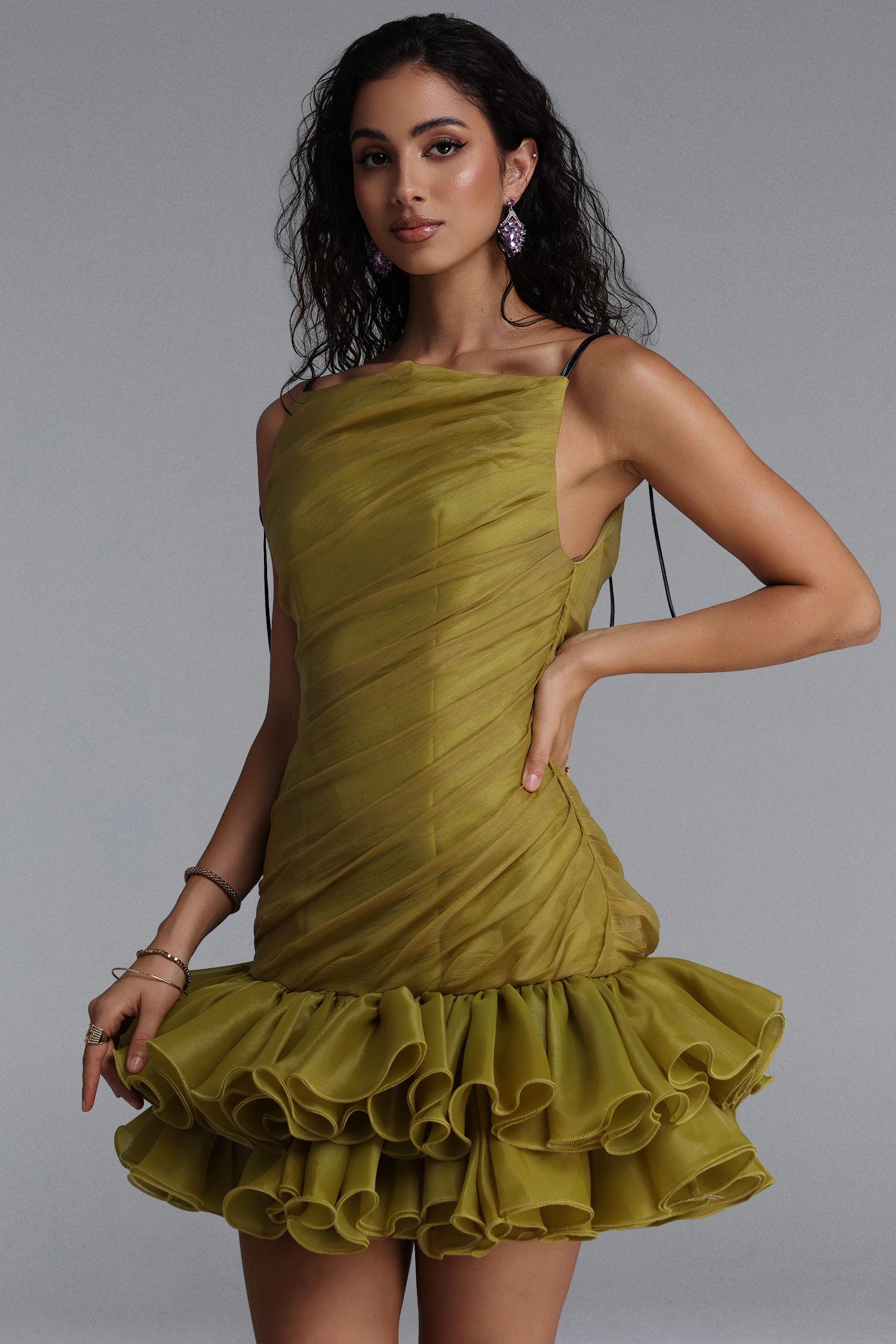Doe Chic Flowy Ruched Tiered Ruffle Mini Dress