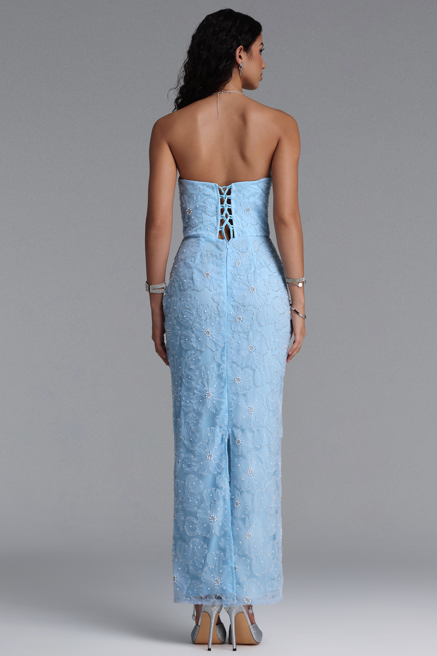 Sabryn Luxury Strapless Floral Pearl Bodycon Maxi Dress