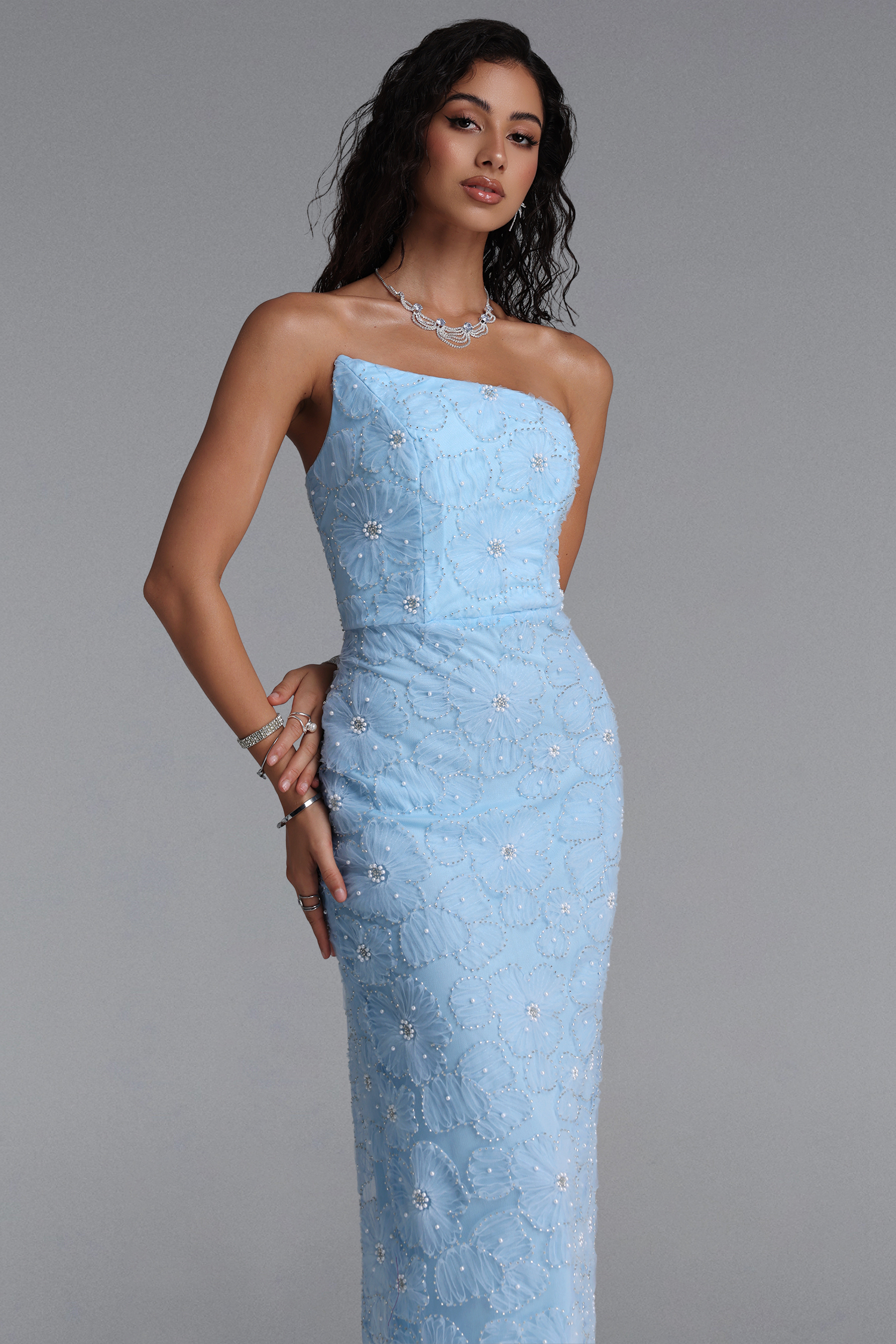 Sabryn Luxury Strapless Floral Pearl Bodycon Maxi Dress