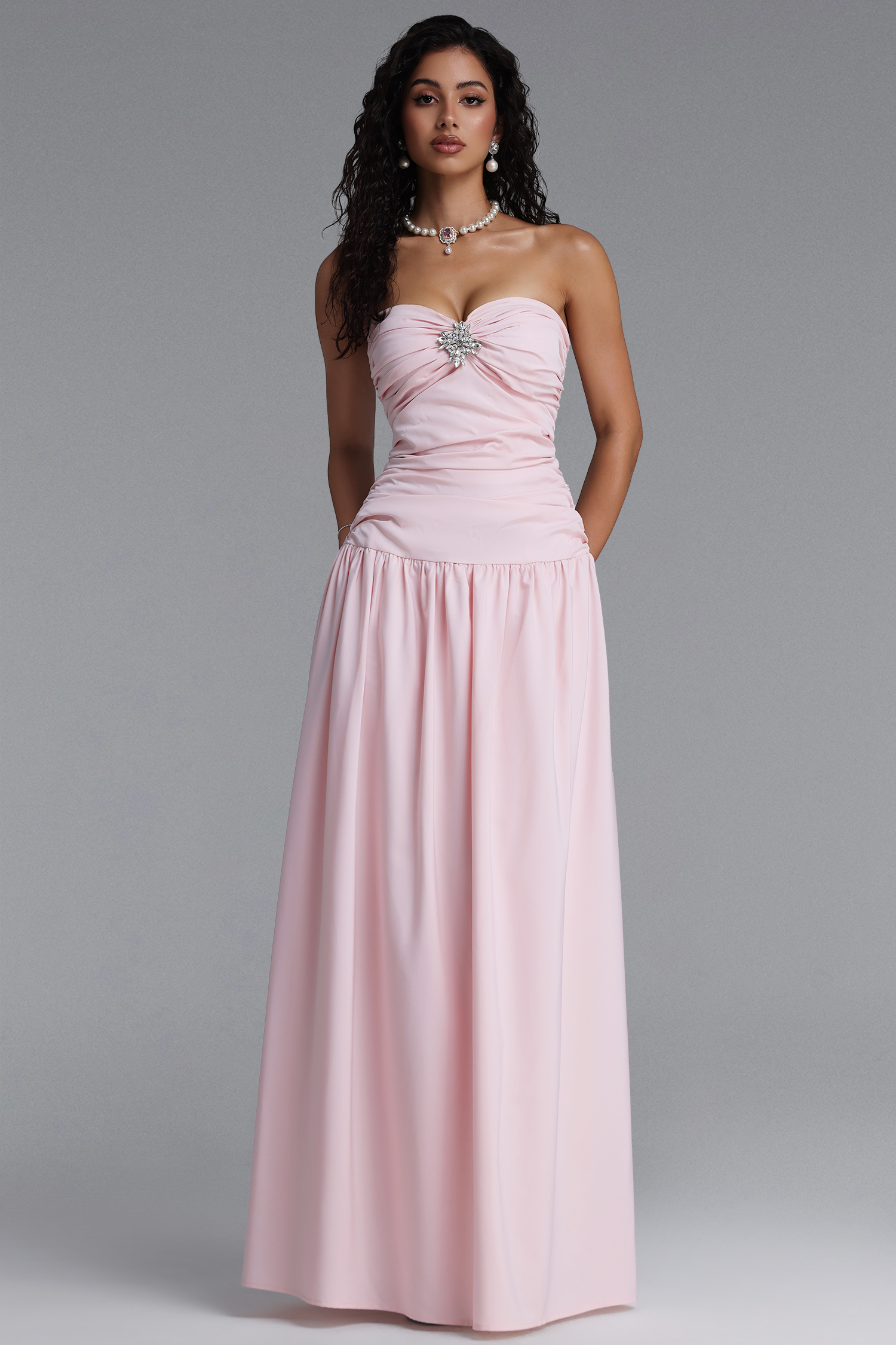 Marina Elegant Strapless Diamond Ruched Waist Maxi Dress