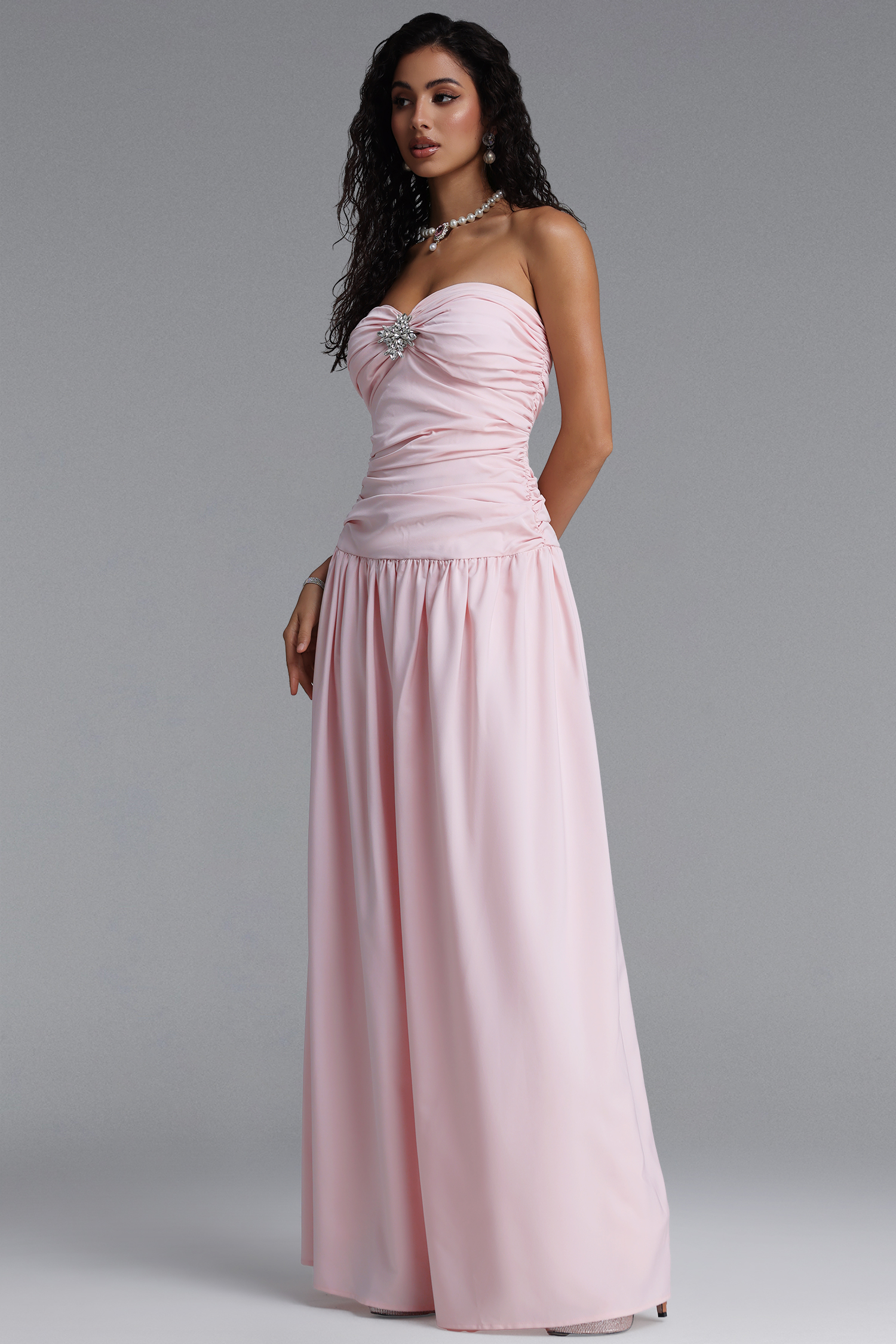 Marina Elegant Strapless Diamond Ruched Waist Maxi Dress