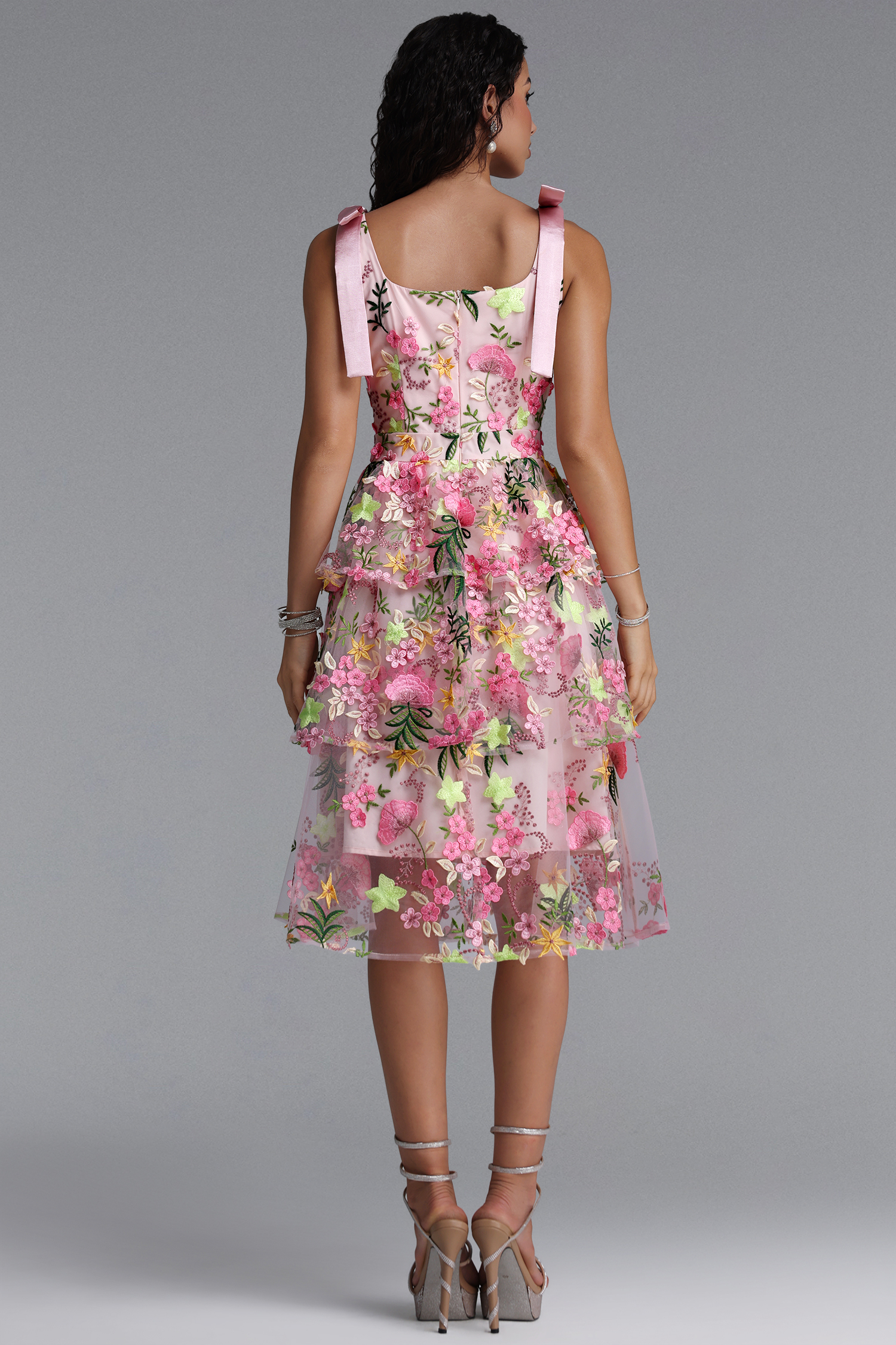 Flava Luxury Square Neck Bow Strap Floral Embroidery Tiered Ruffle Midi Dress