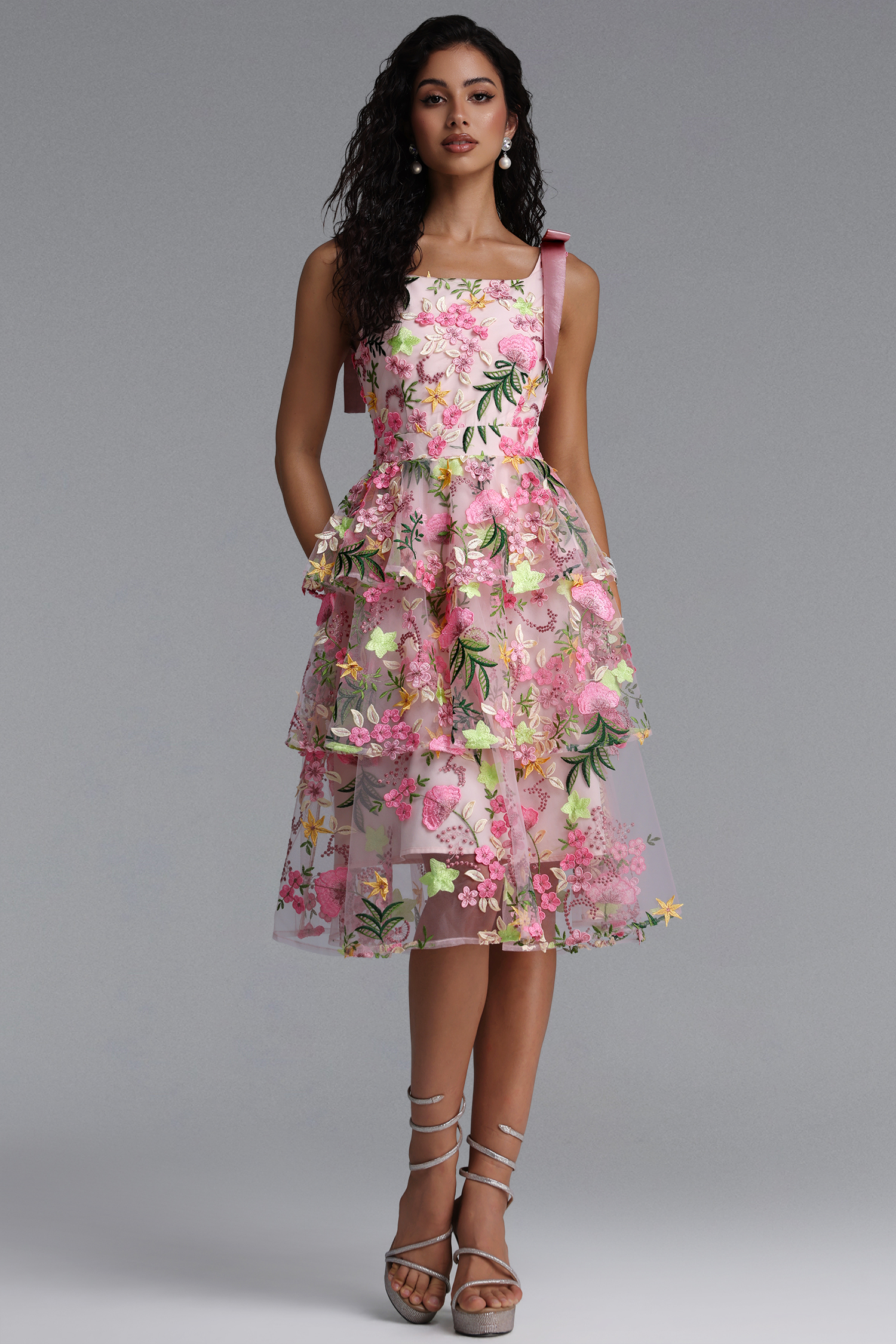 Flava Luxury Square Neck Bow Strap Floral Embroidery Tiered Ruffle Midi Dress