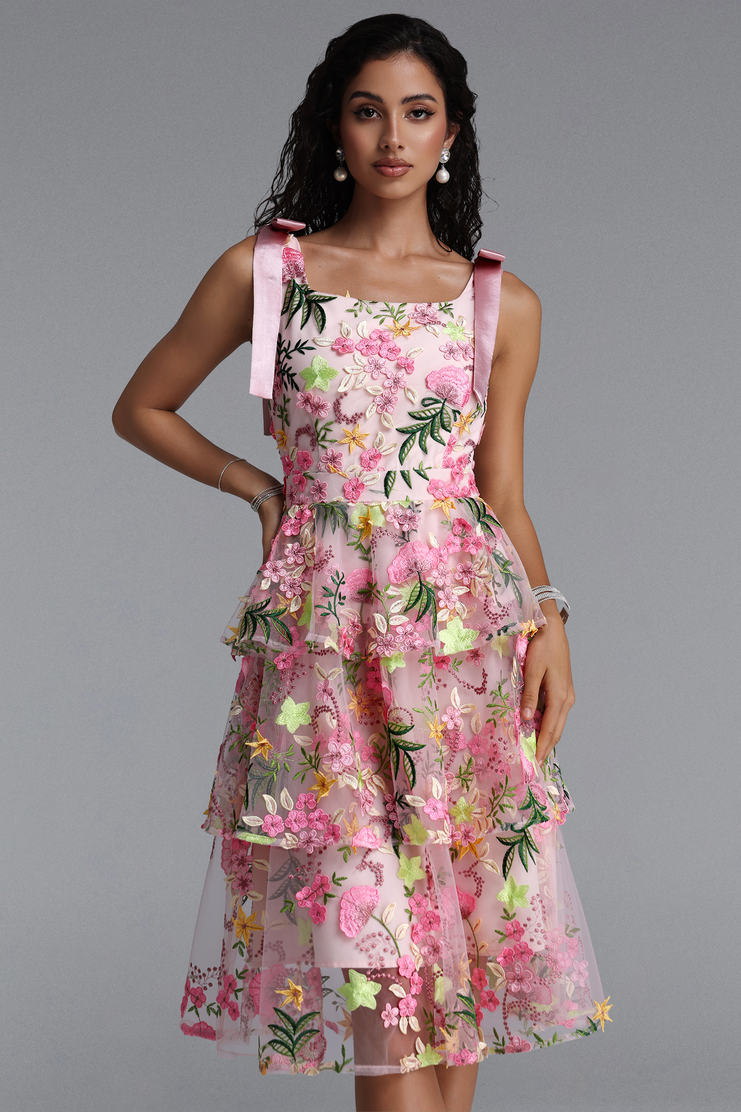 Flava Luxury Square Neck Bow Strap Floral Embroidery Tiered Ruffle Midi Dress