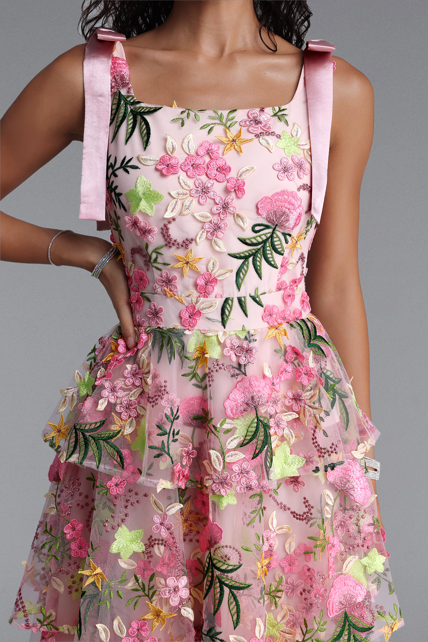 Flava Luxury Square Neck Bow Strap Floral Embroidery Tiered Ruffle Midi Dress