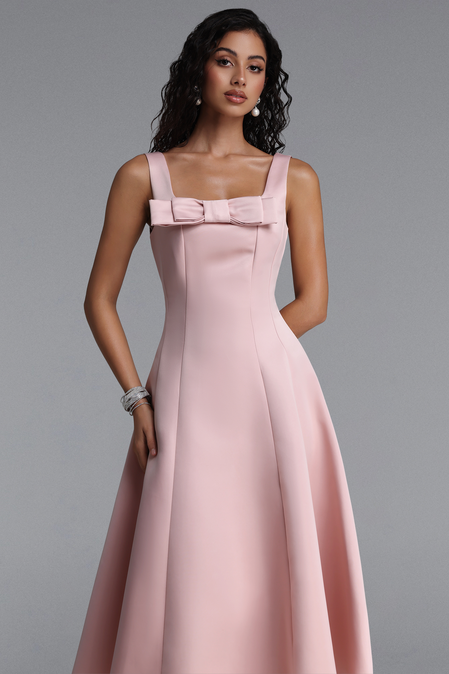 Pamak Luxury Square Neck Bow Midi Dress