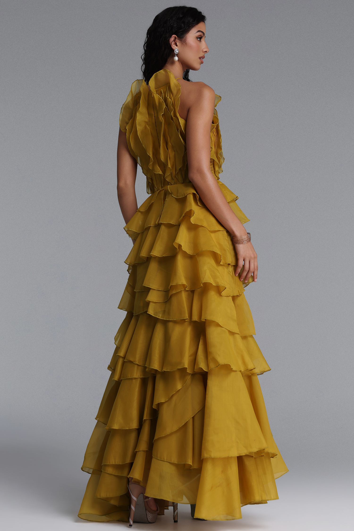 Ksenia Vintage Flowy Halter Tiered Ruffle Maxi Dress