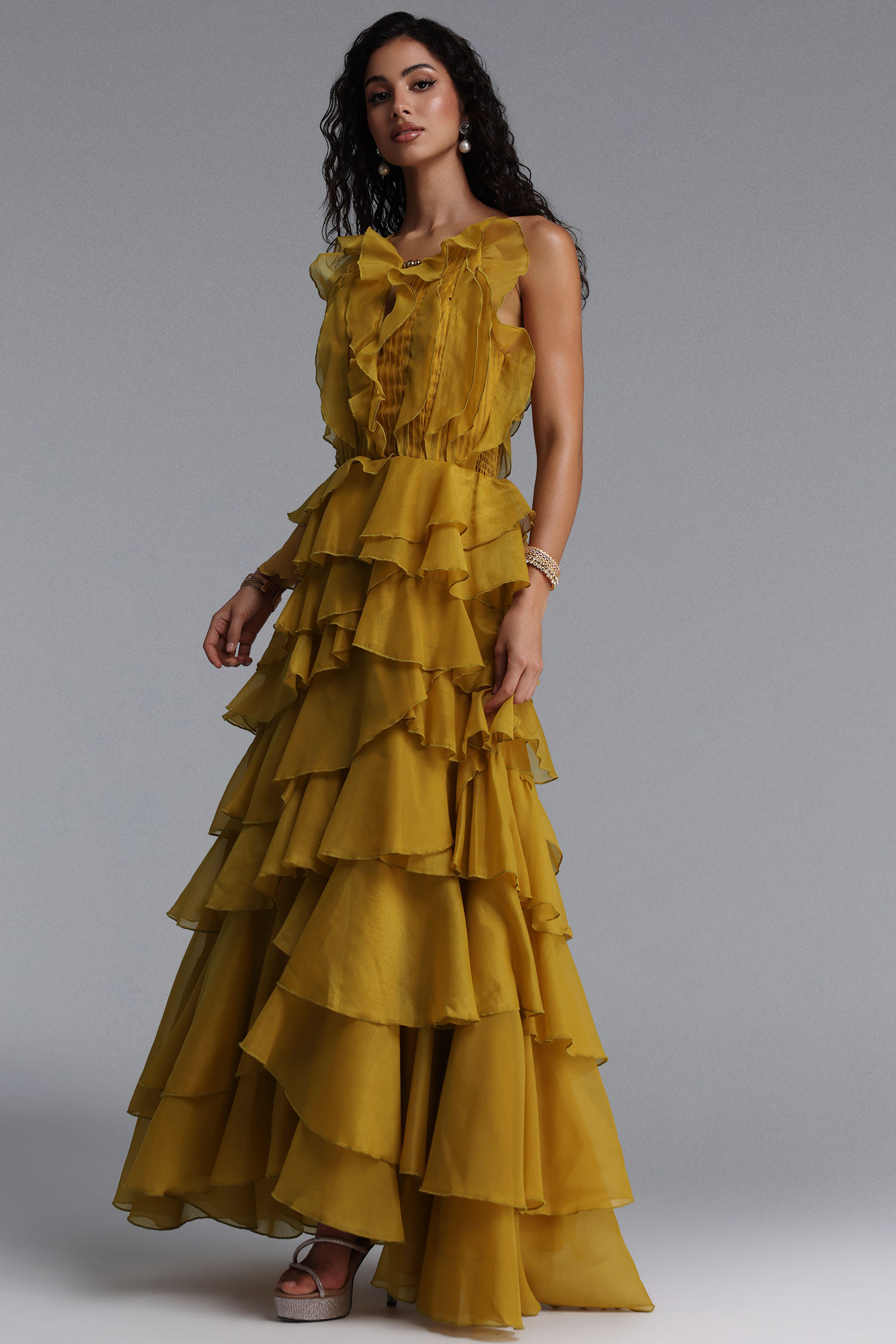 Ksenia Vintage Flowy Halter Tiered Ruffle Maxi Dress