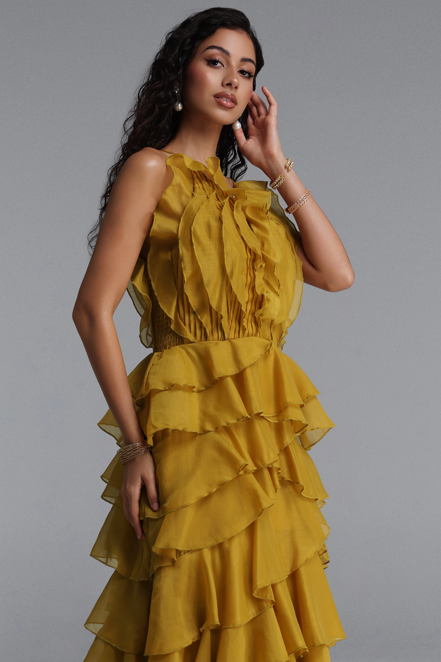 Ksenia Vintage Flowy Halter Tiered Ruffle Maxi Dress