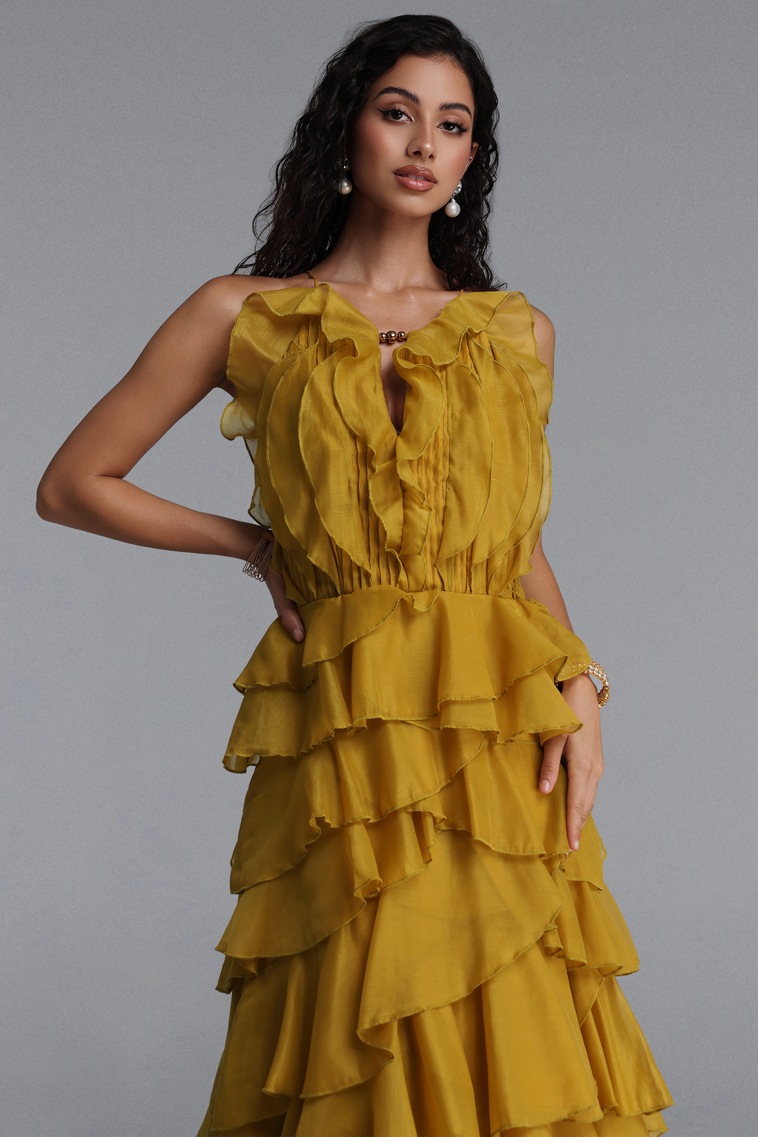 Ksenia Vintage Flowy Halter Tiered Ruffle Maxi Dress