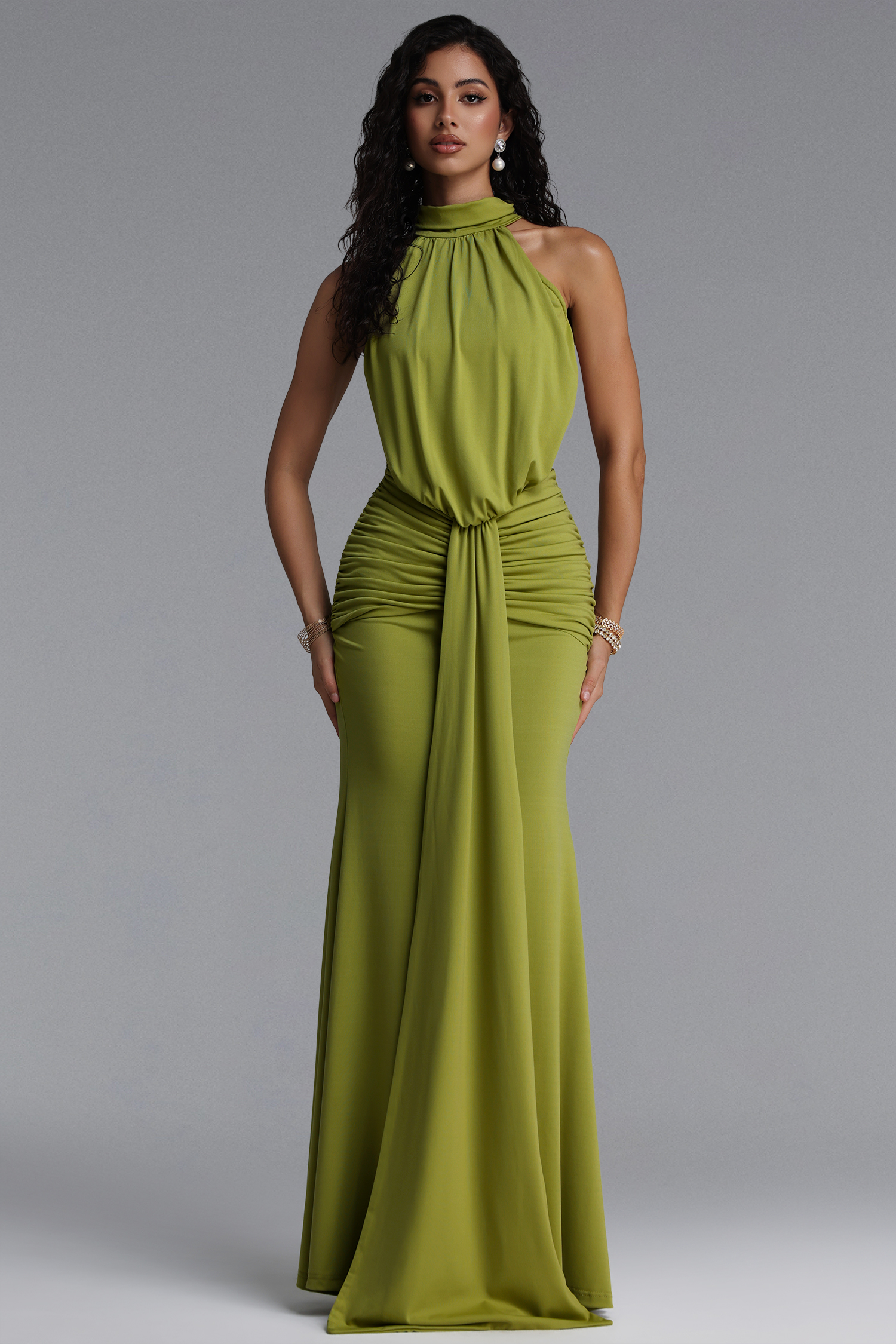 Gregorio Elegant Halter Cut Out Ruched Slim Maxi Dress
