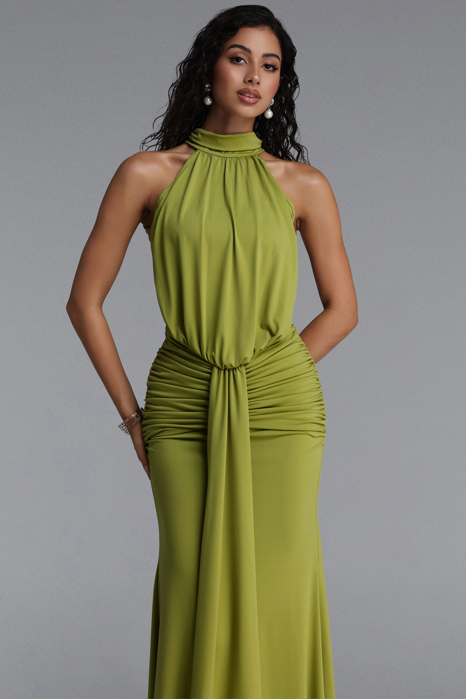 Gregorio Elegant Halter Cut Out Ruched Slim Maxi Dress