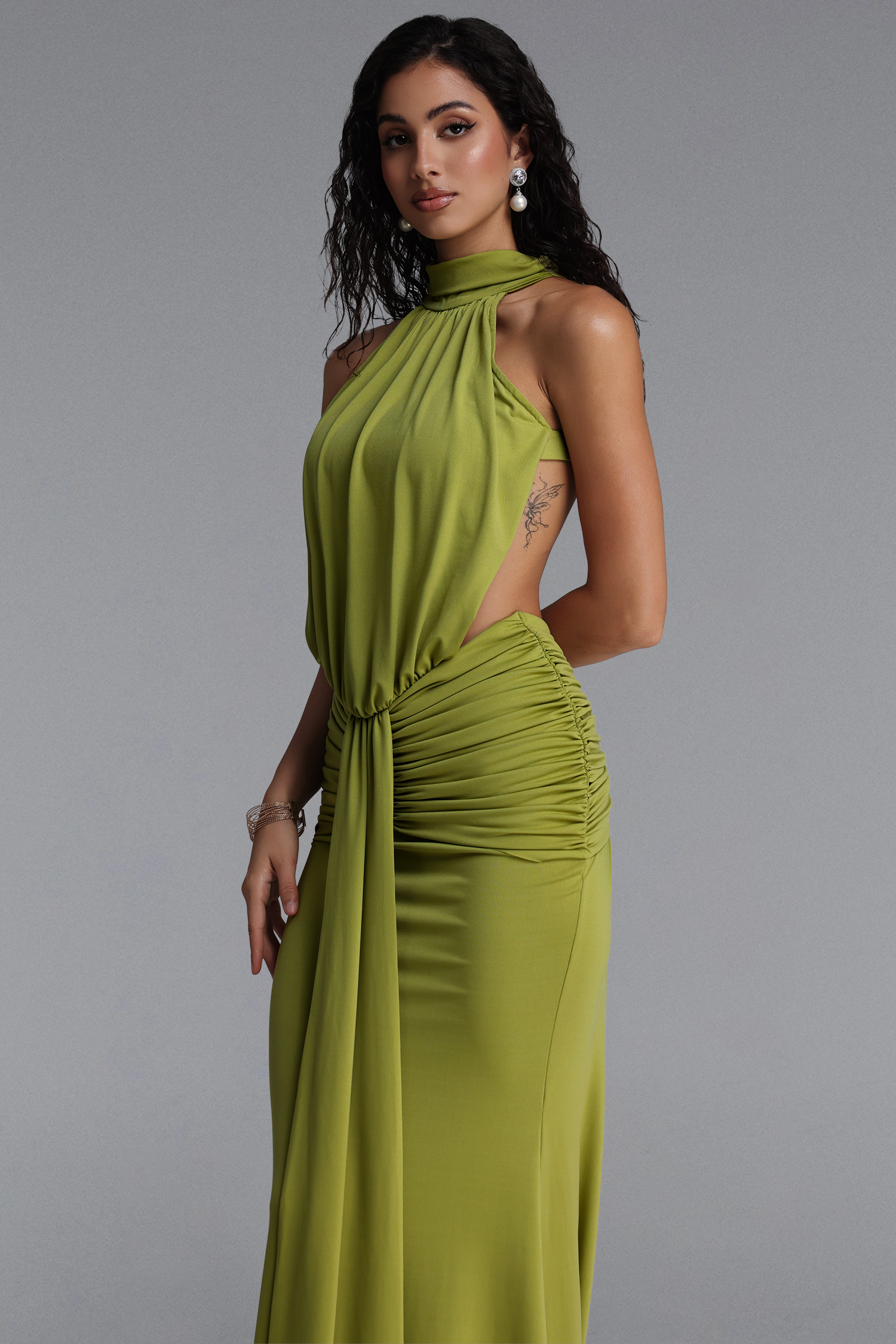 Gregorio Elegant Halter Cut Out Ruched Slim Maxi Dress