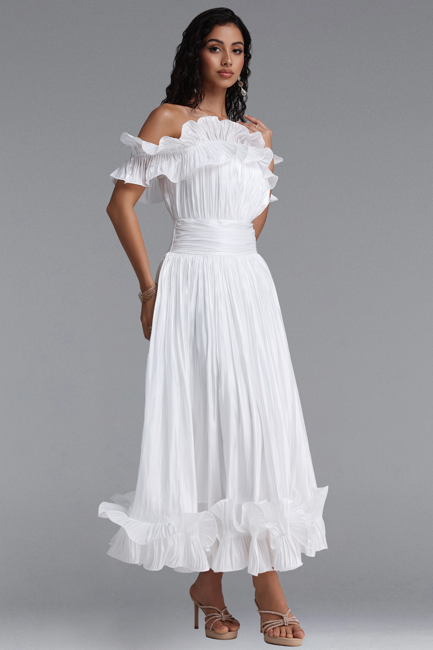 Suku Elegant Flowy Off Shoulder Ruched White Maxi Dress
