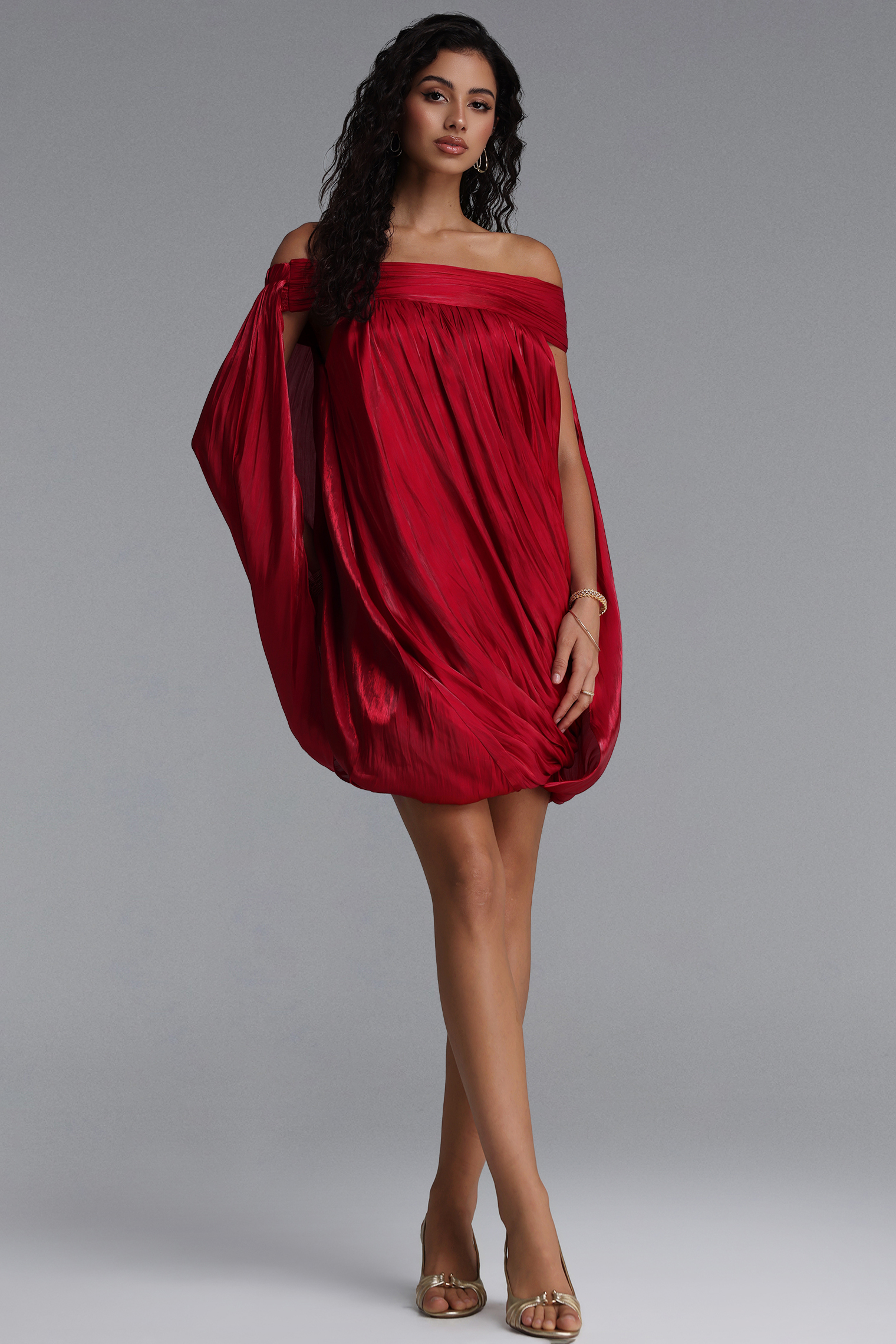 Loulia Luxury Pleated Off Shoulder Bubble Mini Dress