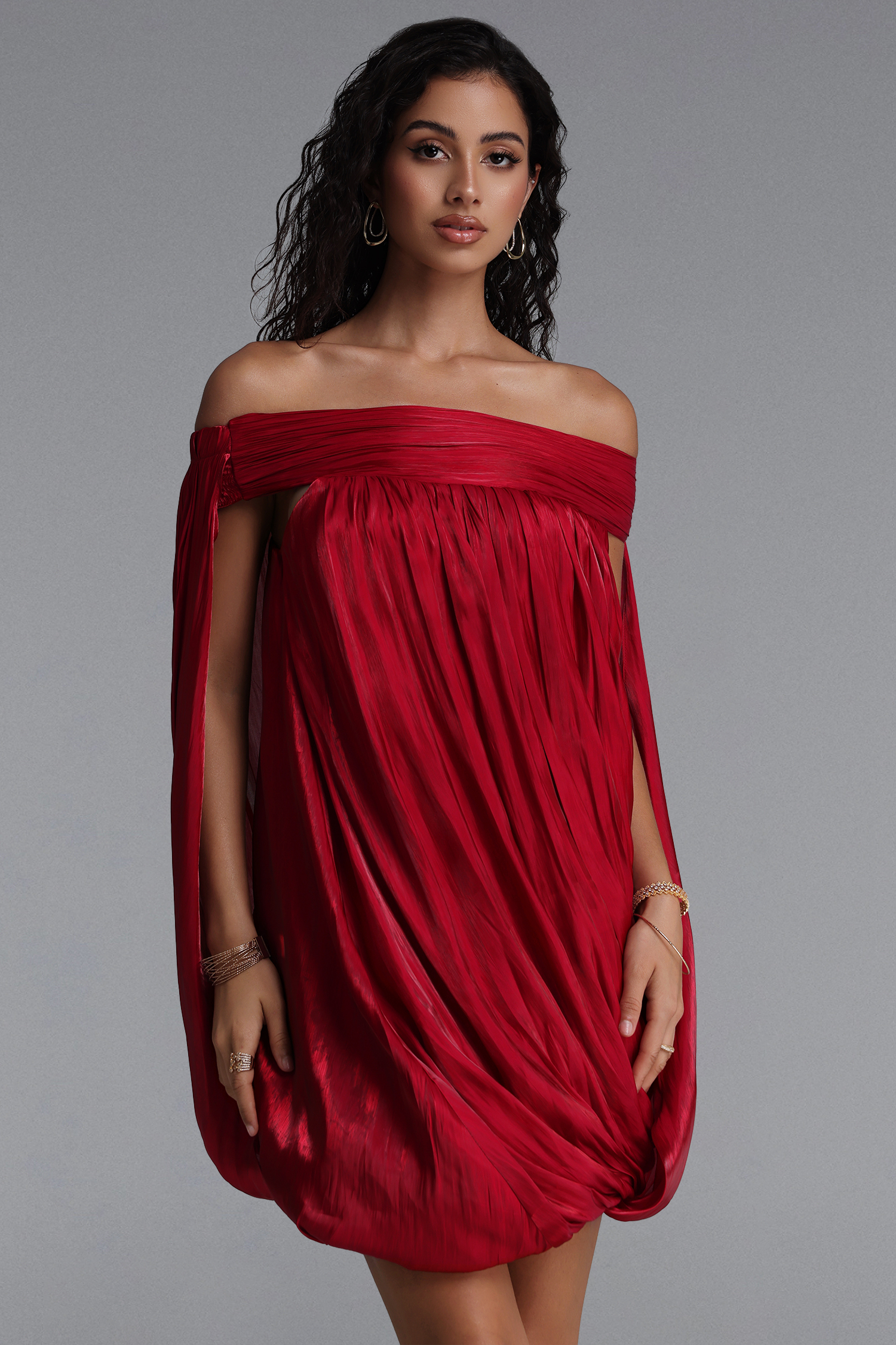 Loulia Luxury Pleated Off Shoulder Bubble Mini Dress