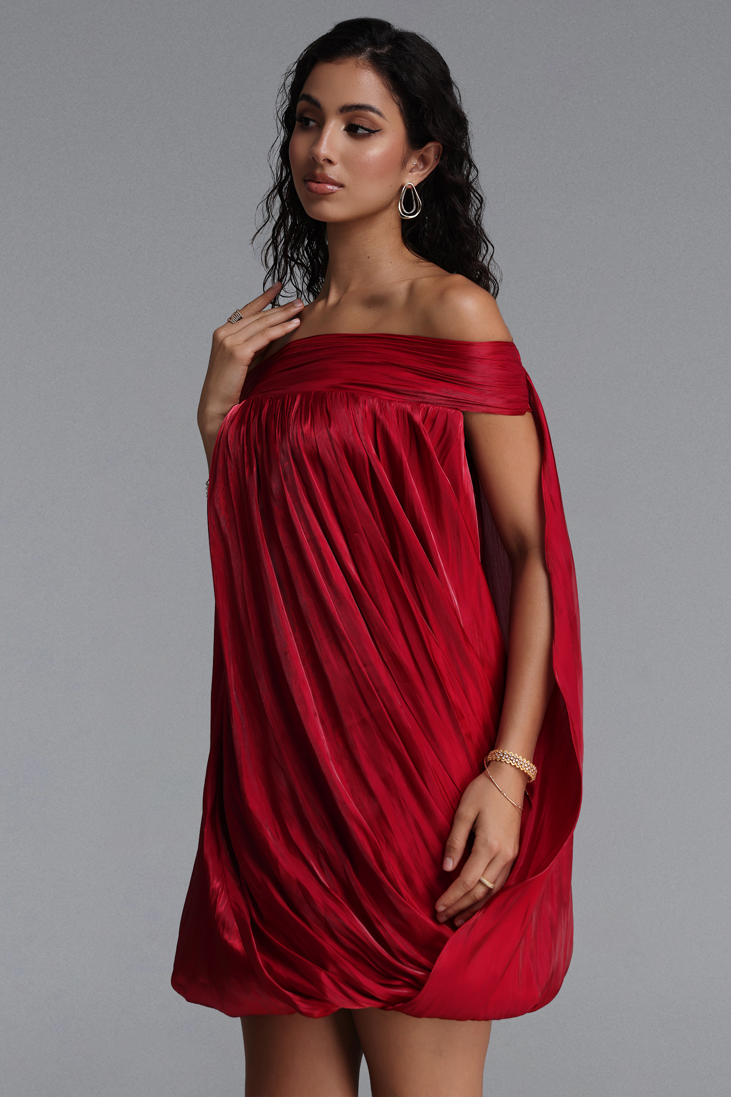 Loulia Luxury Pleated Off Shoulder Bubble Mini Dress