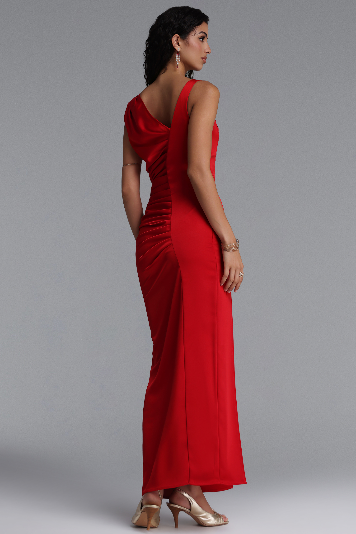 Marcella Chic Contour Asymmetrical Pleated Satin Red Maxi Dress