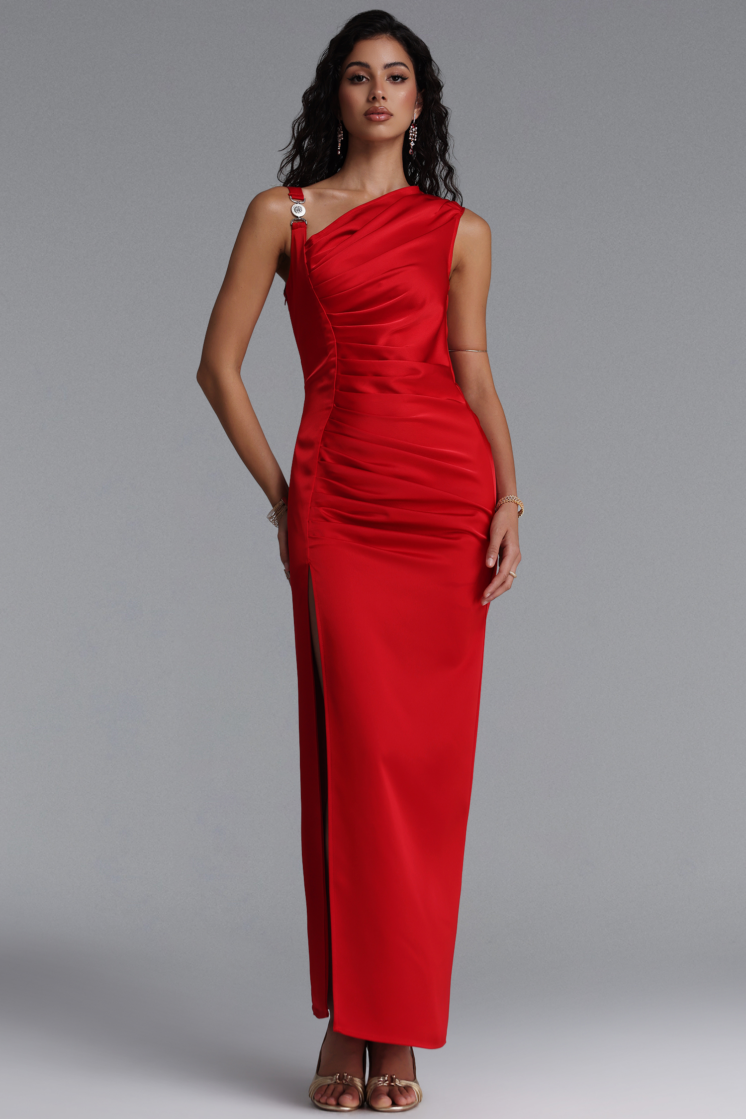 Marcella Chic Contour Asymmetrical Pleated Satin Red Maxi Dress