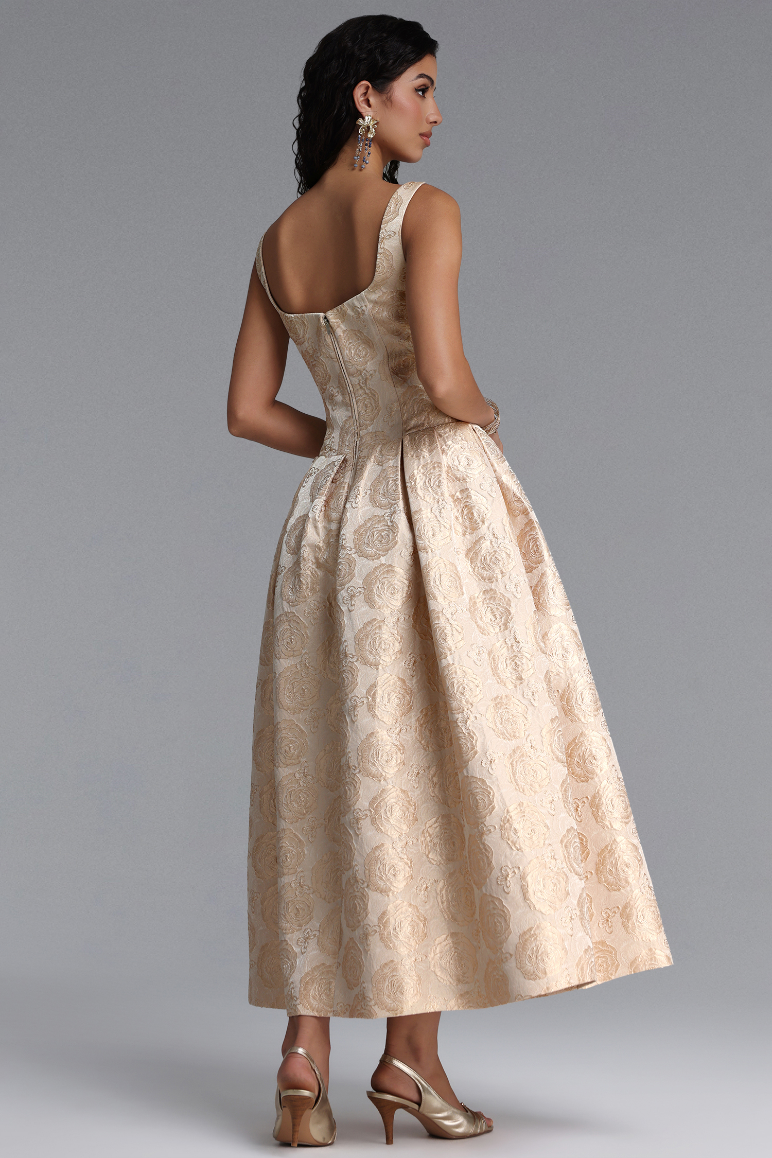 Rahel Classic Tailored Square Neck Floral Jacquard Woven Maxi Dress