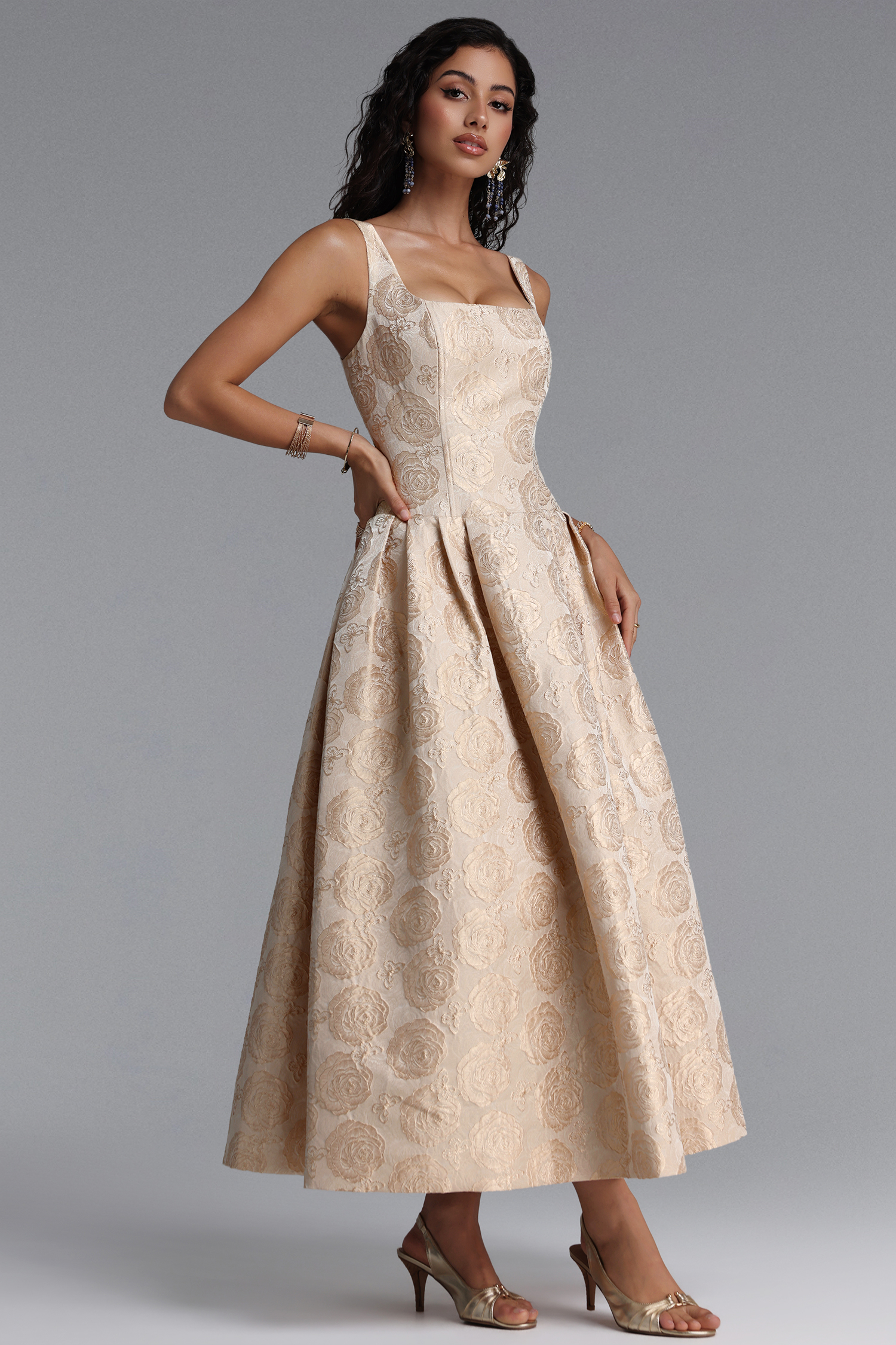 Rahel Classic Tailored Square Neck Floral Jacquard Woven Maxi Dress