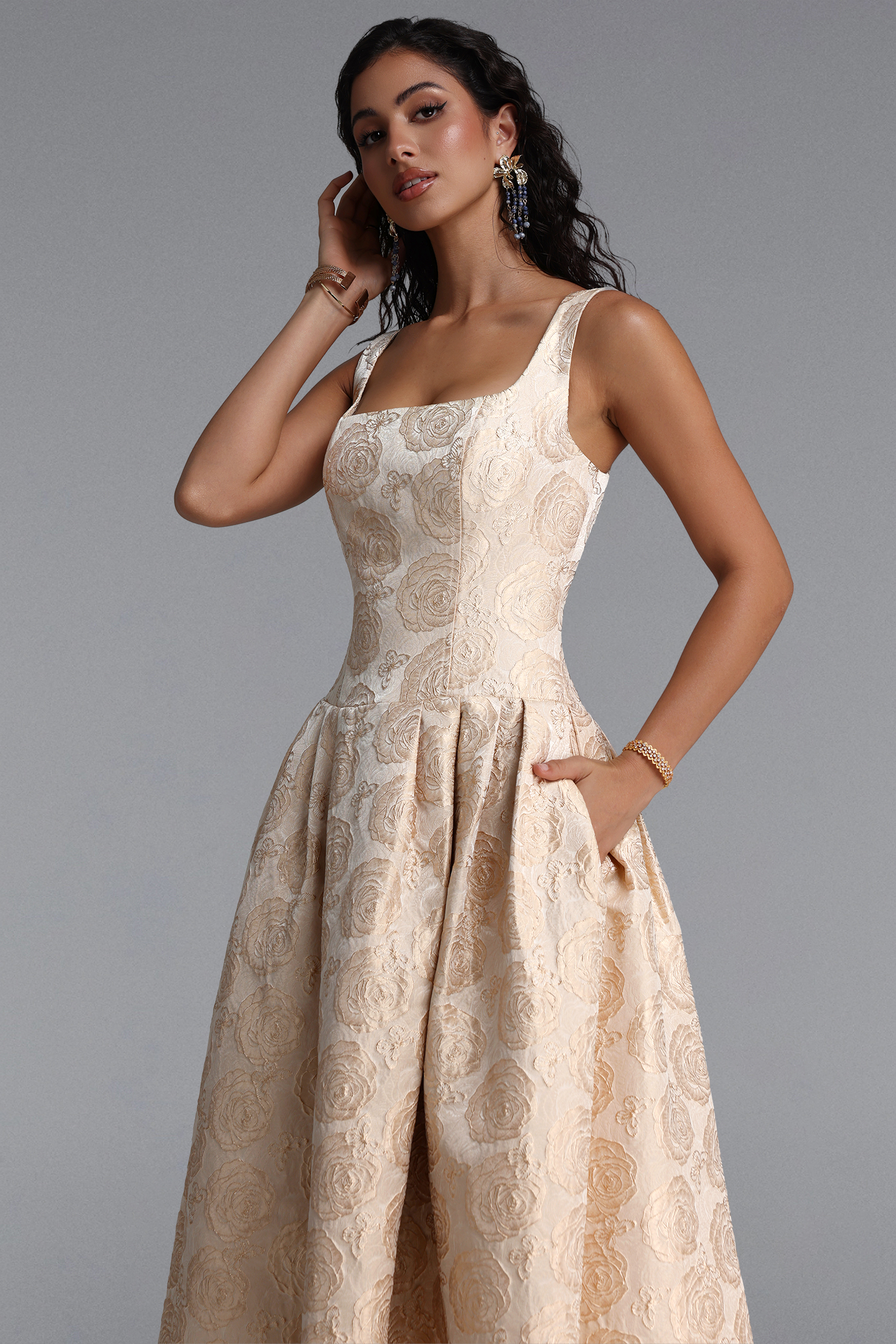Rahel Classic Tailored Square Neck Floral Jacquard Woven Maxi Dress