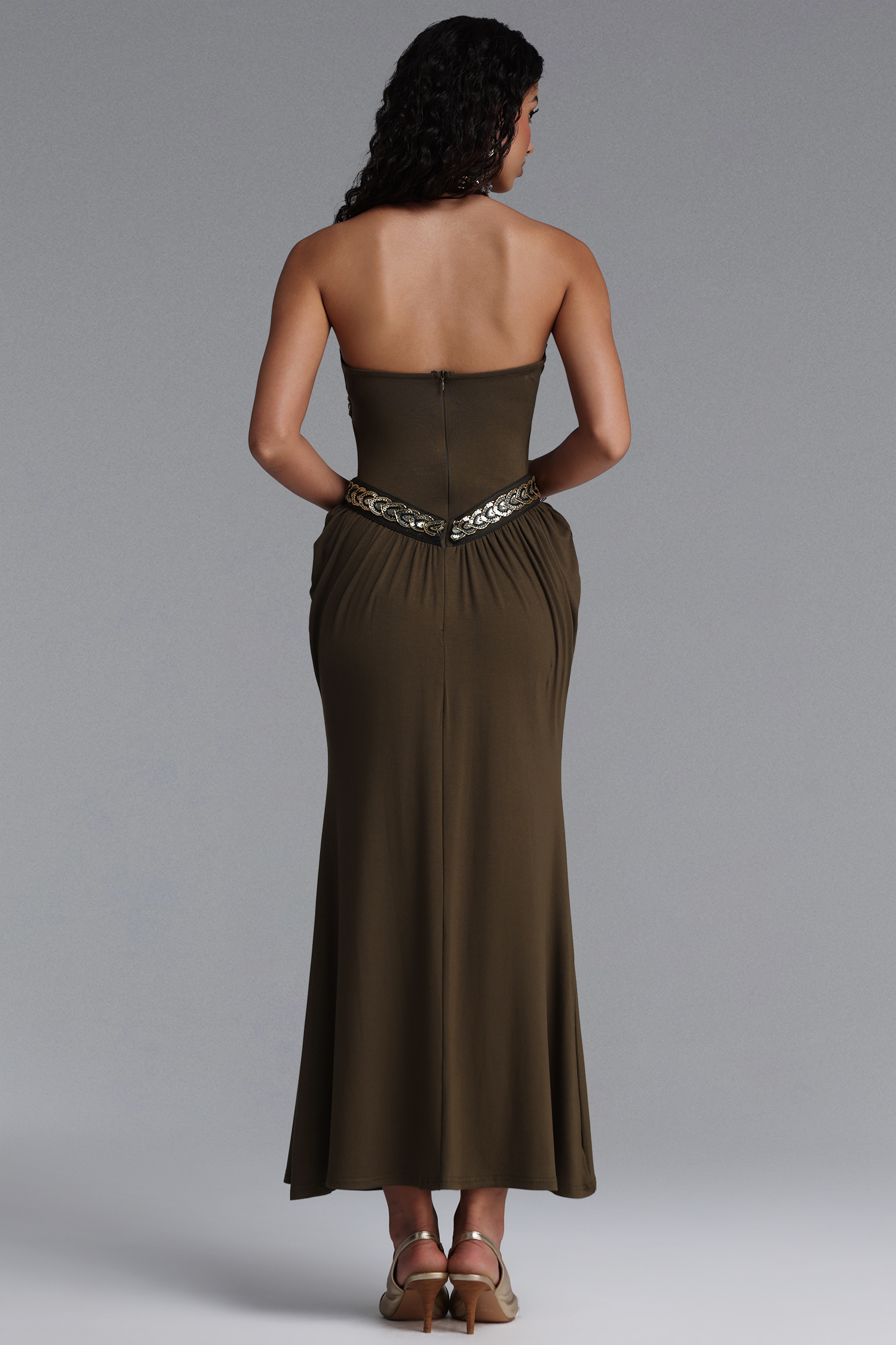 Xenia Retro Halter V Neck Draped Bodycon Maxi Dress