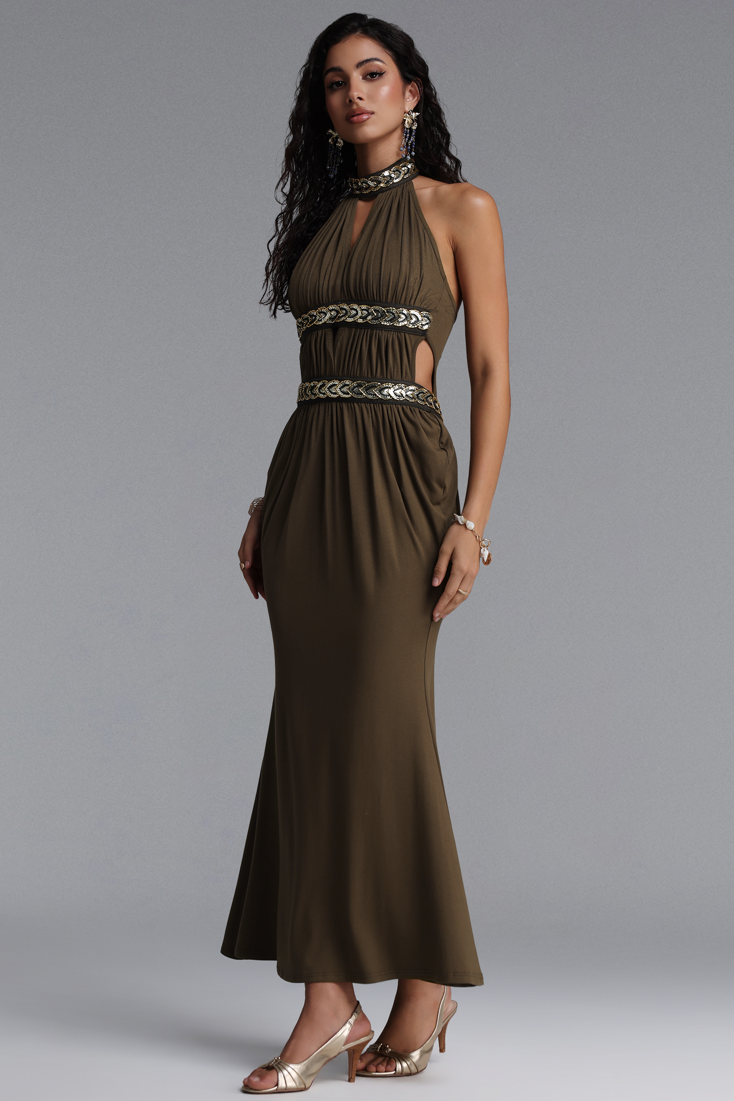 Xenia Retro Halter V Neck Draped Bodycon Maxi Dress