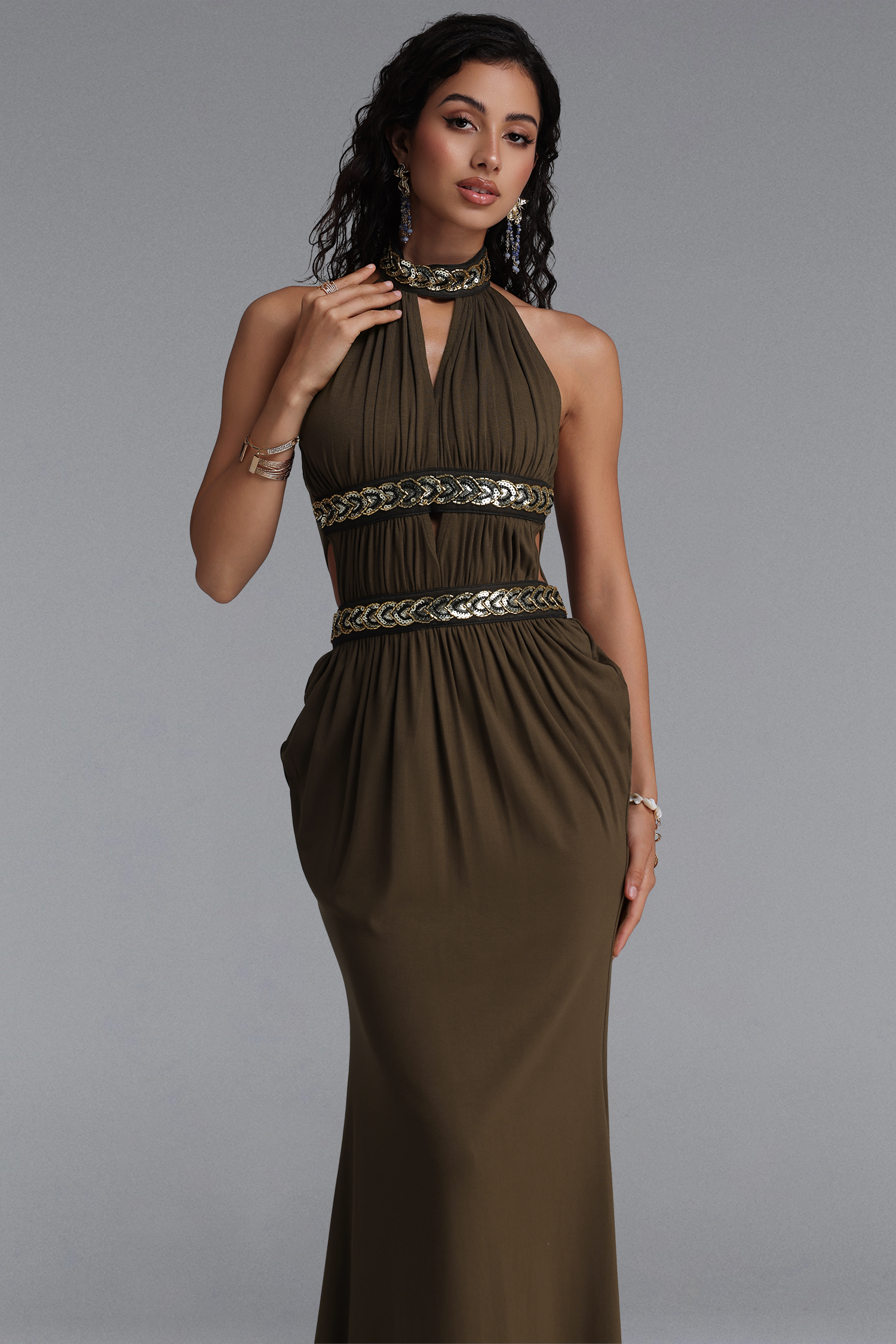 Xenia Retro Halter V Neck Draped Bodycon Maxi Dress