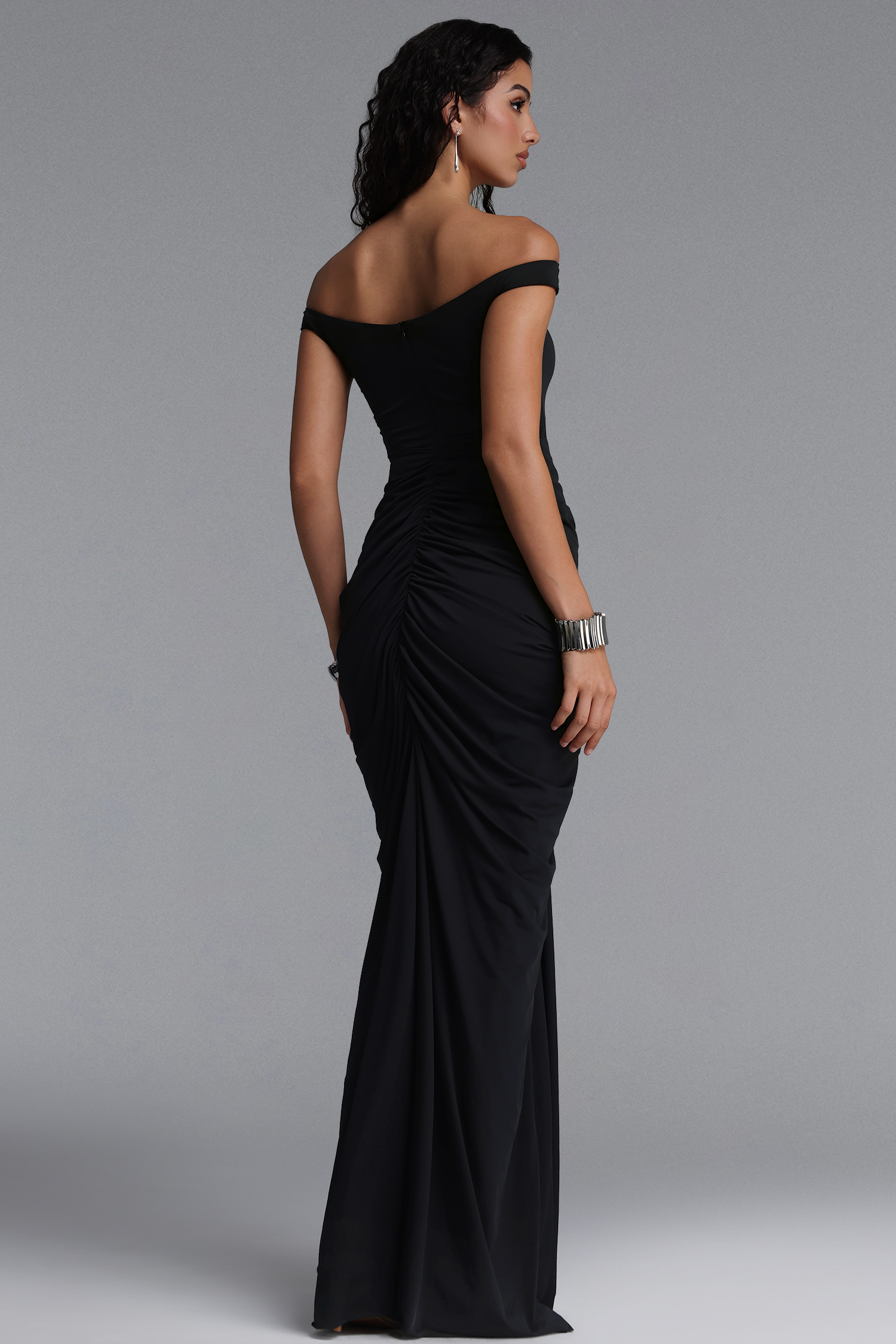 Gema Elegant Black Off Shoulder Ruched Maxi Dress
