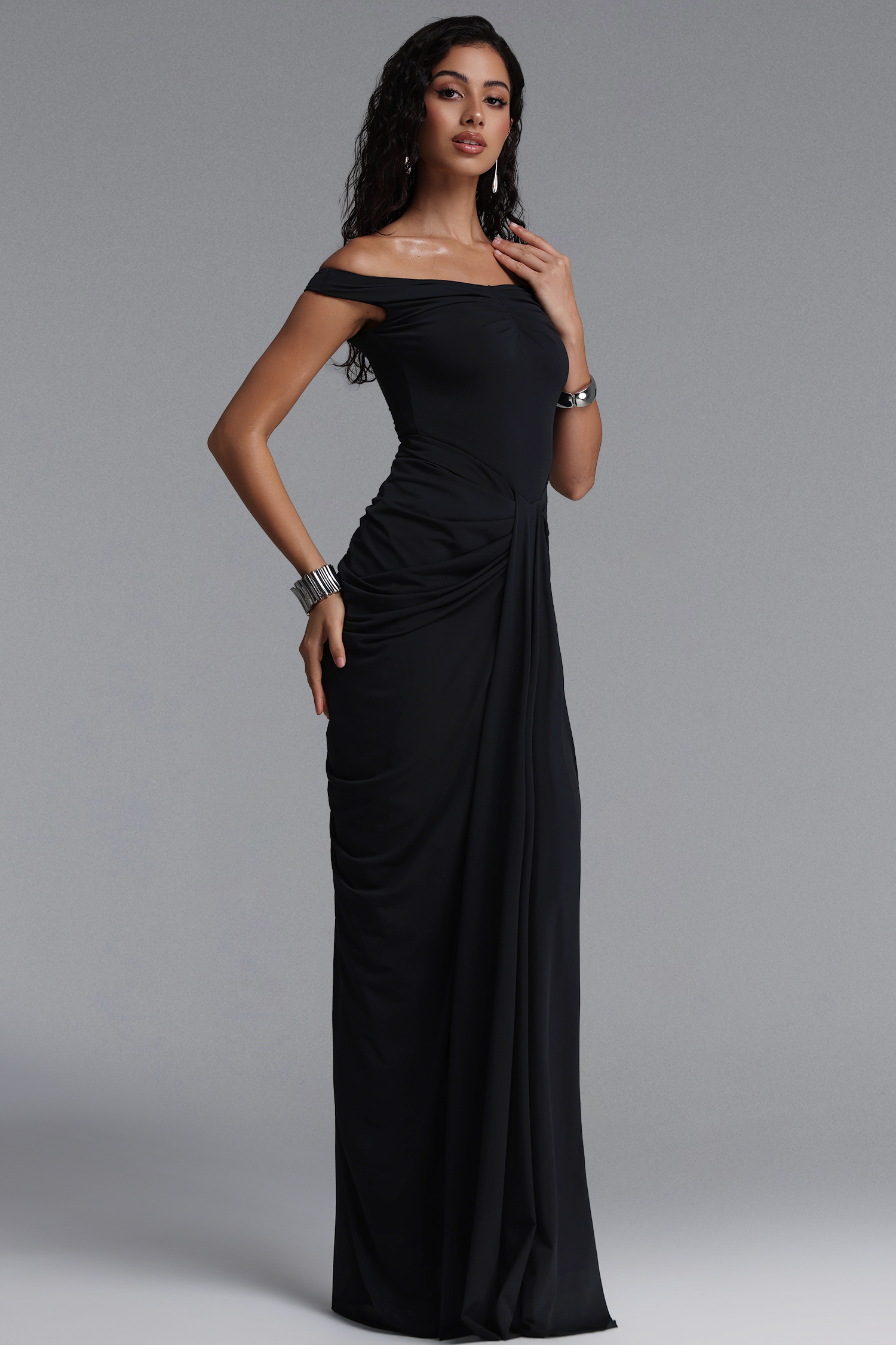 Gema Elegant Black Off Shoulder Ruched Maxi Dress