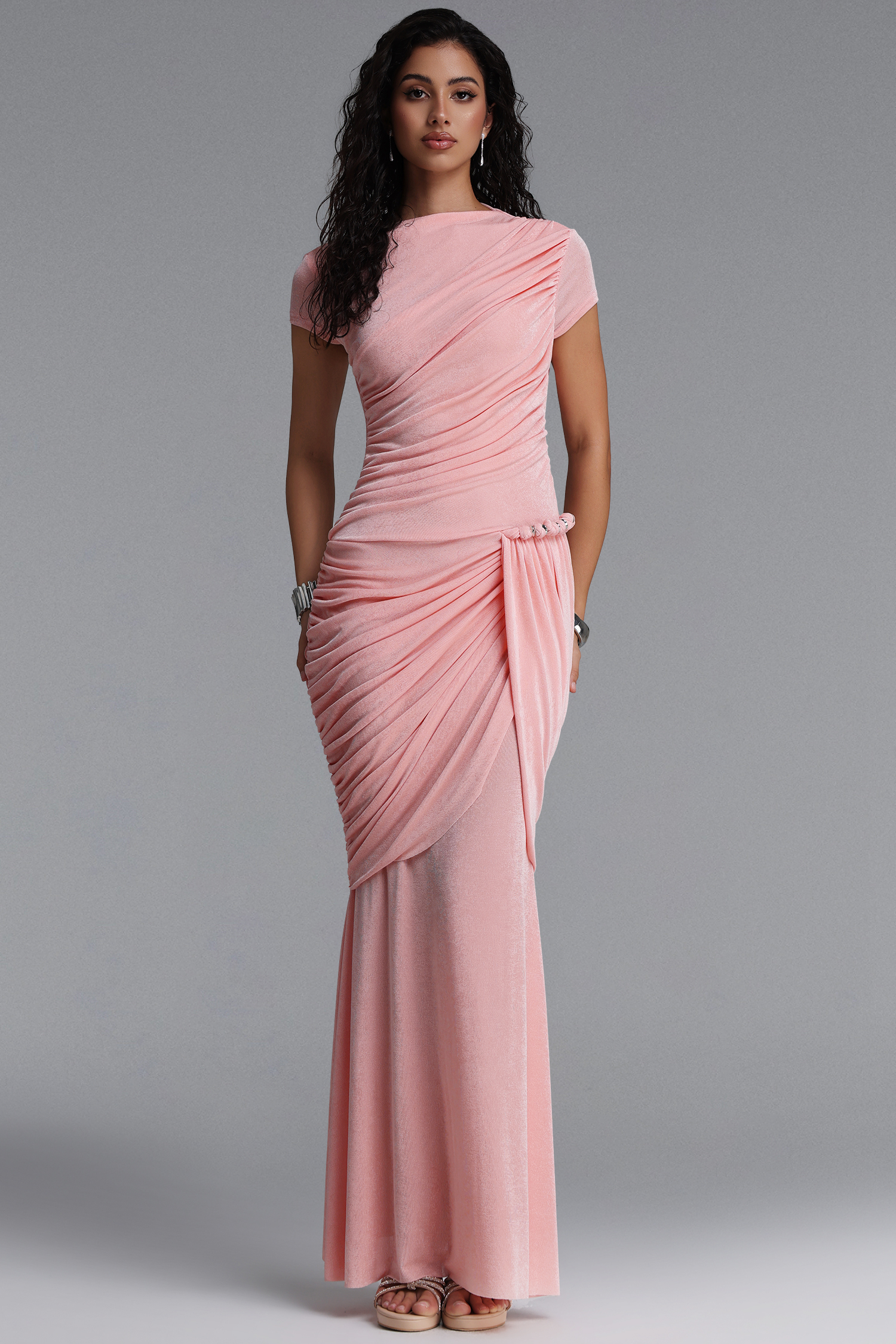 Fayie Elegant Short Sleeve Ruched Pink Maxi Dress