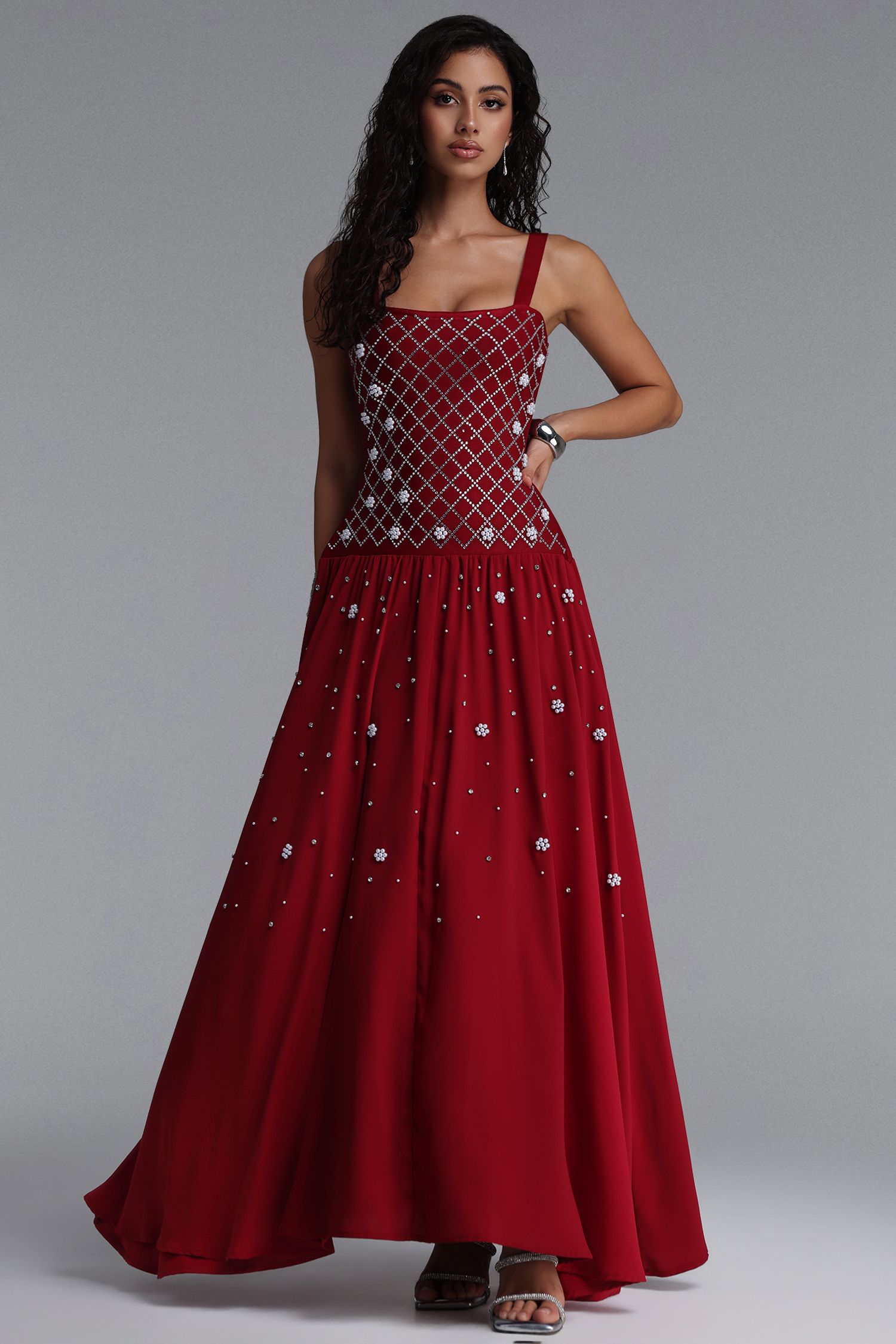 Mirae Luxury Grid Rhinestone Bandage Maxi Dress