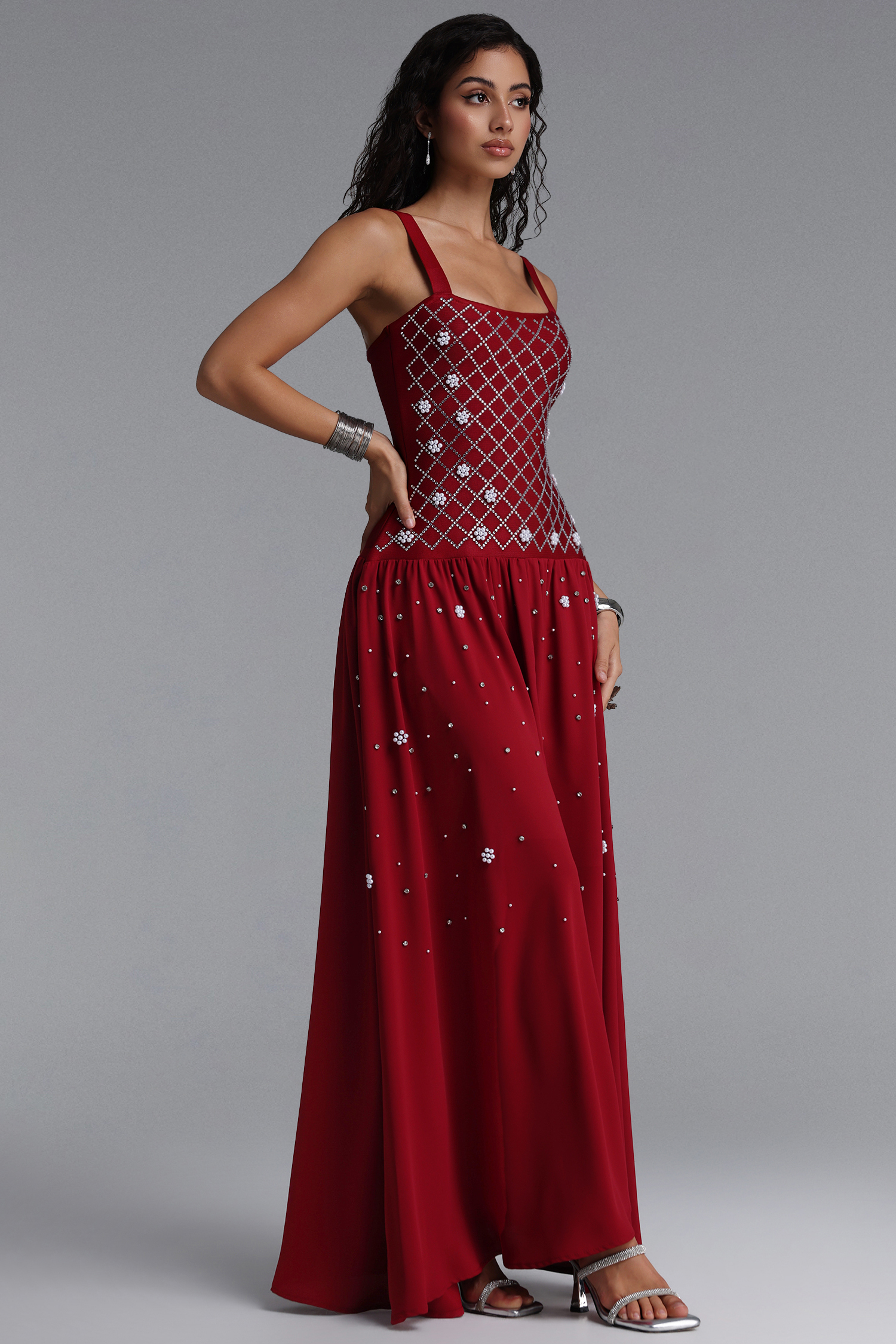 Mirae Luxury Grid Rhinestone Bandage Maxi Dress