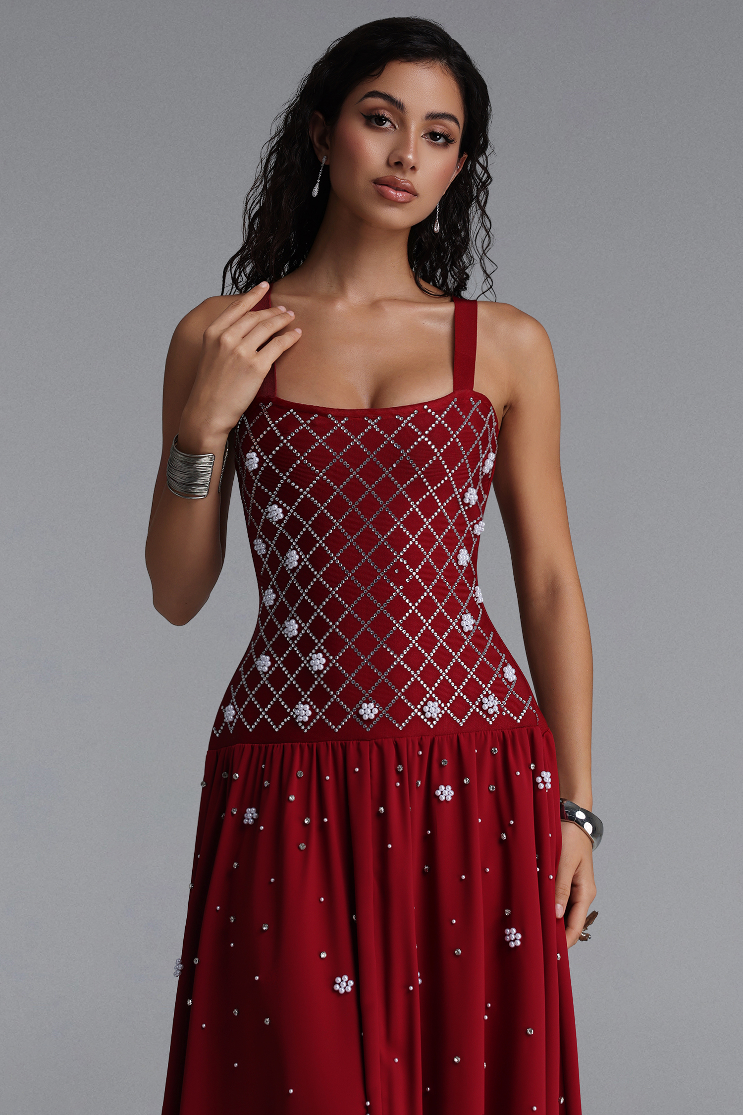 Mirae Luxury Grid Rhinestone Bandage Maxi Dress