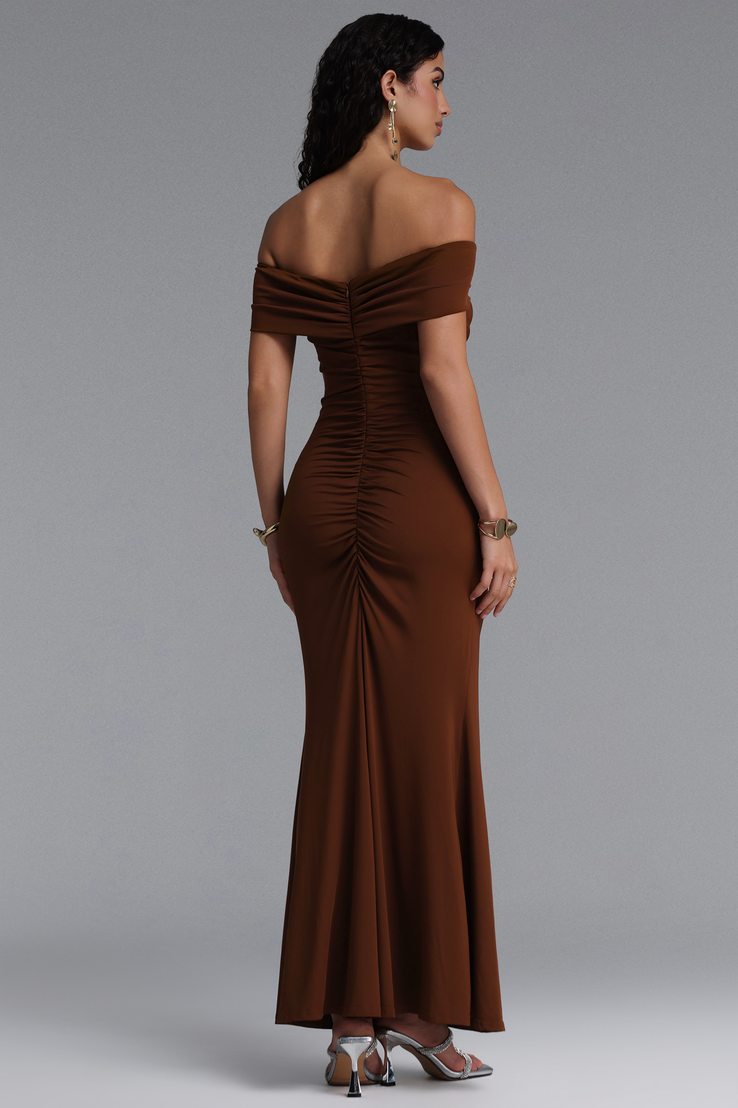 Laurie Elegant Off Shoulder Metal Ring Ruched Draped Maxi Dress