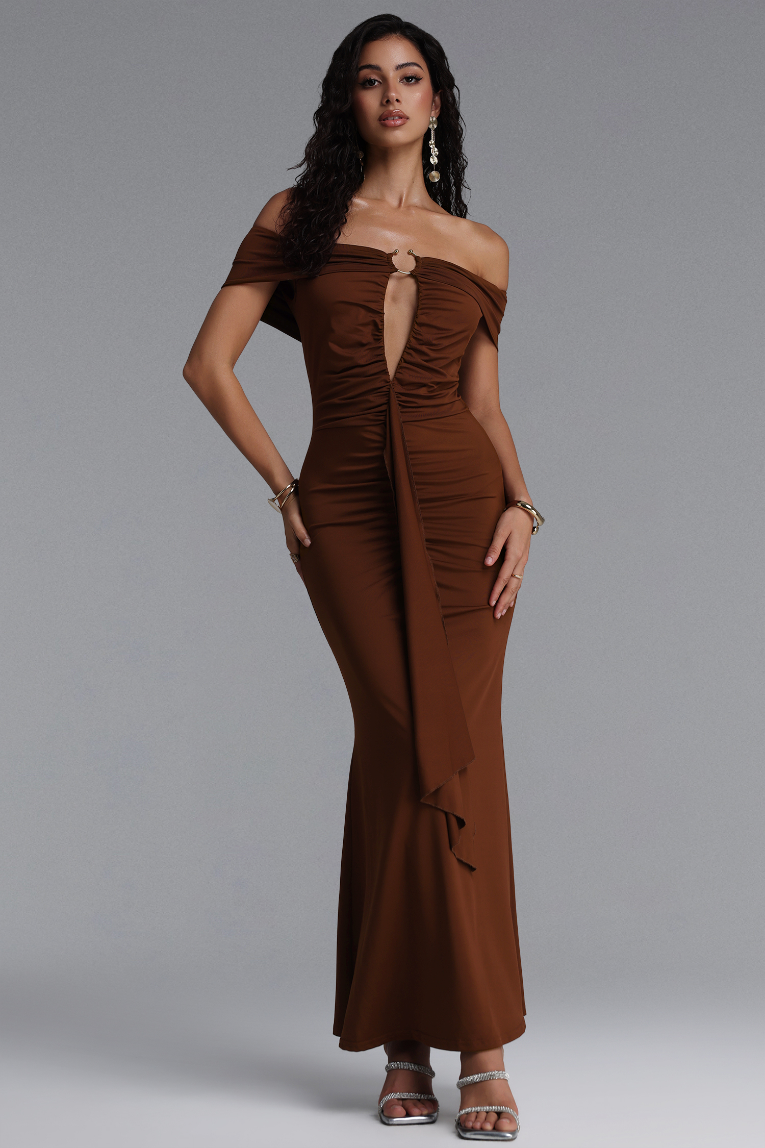Laurie Elegant Off Shoulder Metal Ring Ruched Draped Maxi Dress
