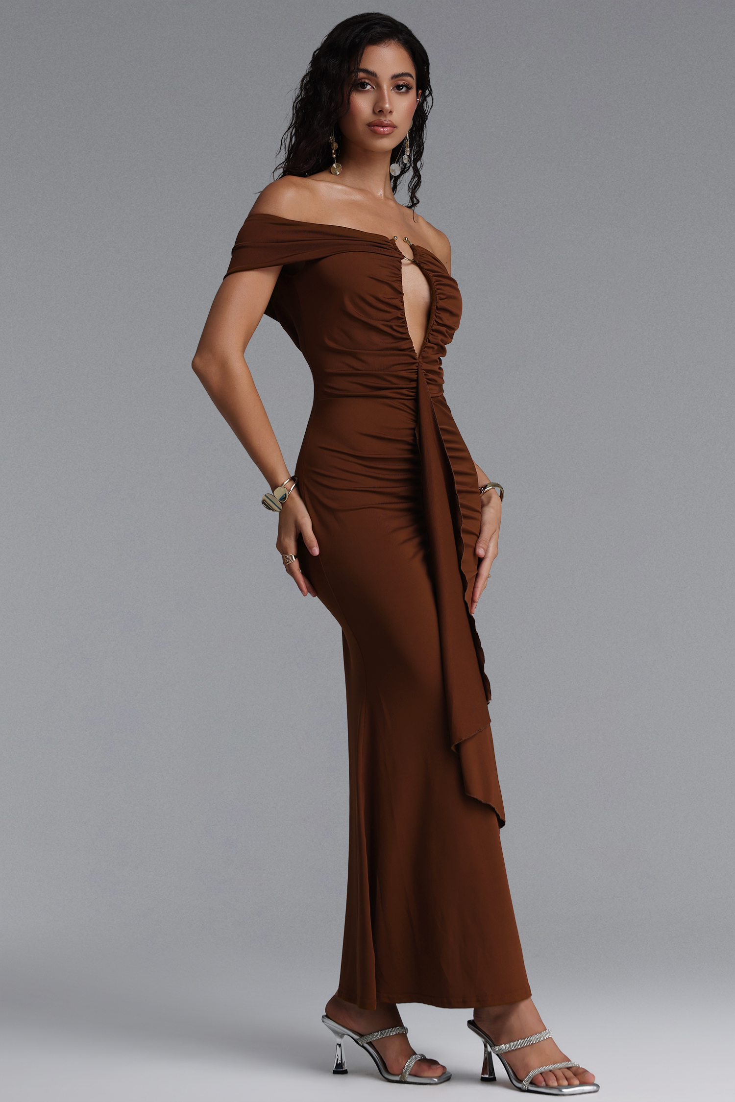Laurie Elegant Off Shoulder Metal Ring Ruched Draped Maxi Dress